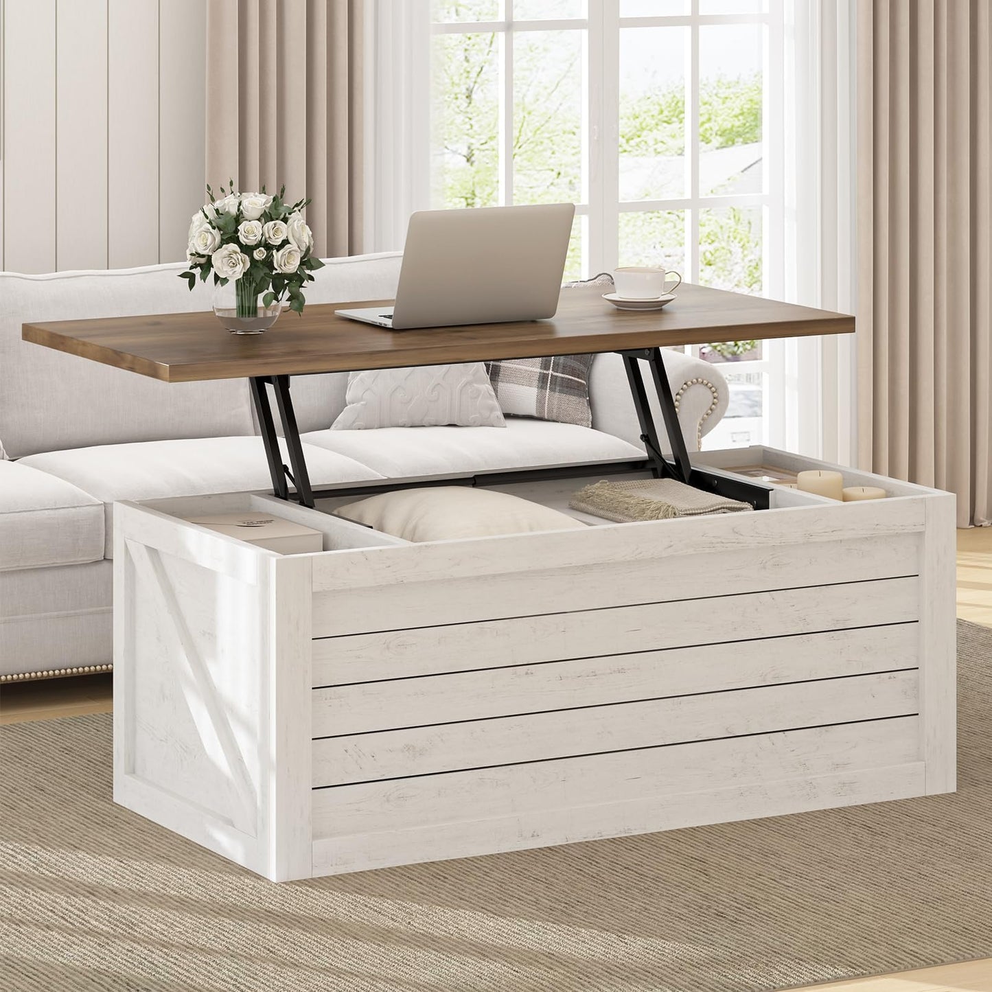 REVOMINCA Farmhouse Coffee Table Lift Top with Storage, 48 Inch White Coffee Table with Sliding Barn Doors, White Center Table with Large Hidden Storage Compartment for Living Room