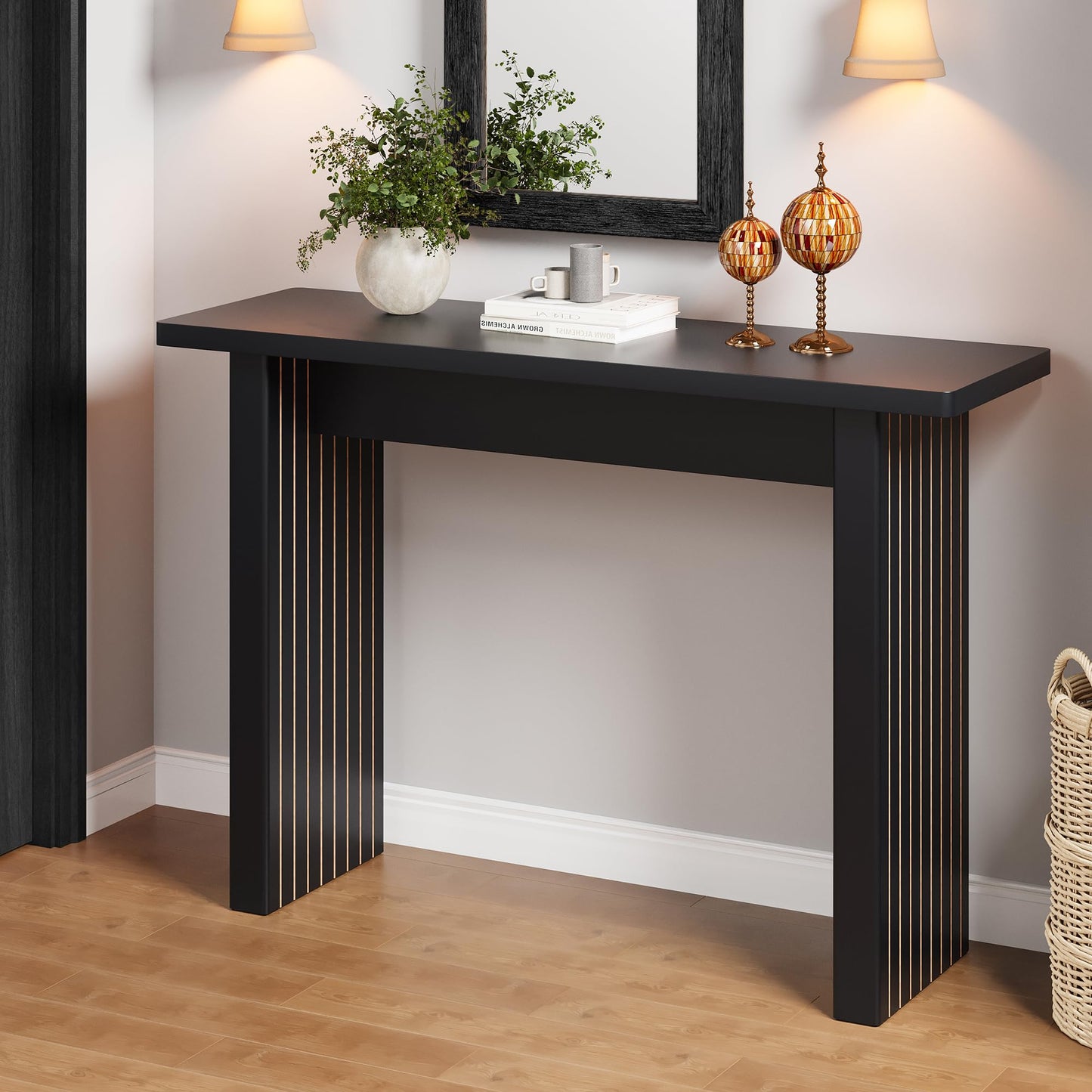 RUSTYER Fluted Entryway Console Table, Wooden Rectangular Sofa Table for Entrance, Narrow Wood Entryway Small Long Entry Table for Hallway, Living Room (Black)