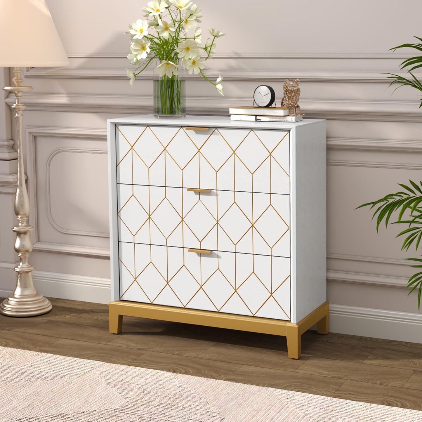 HLR 3 Drawer Dresser for Bedroom, Modern Wood Chest of Drawers with Gold Trim, Accent Dresser Storage Tower, White Organizer Cabinet for Closet, Living Room, Hallway, Entryway