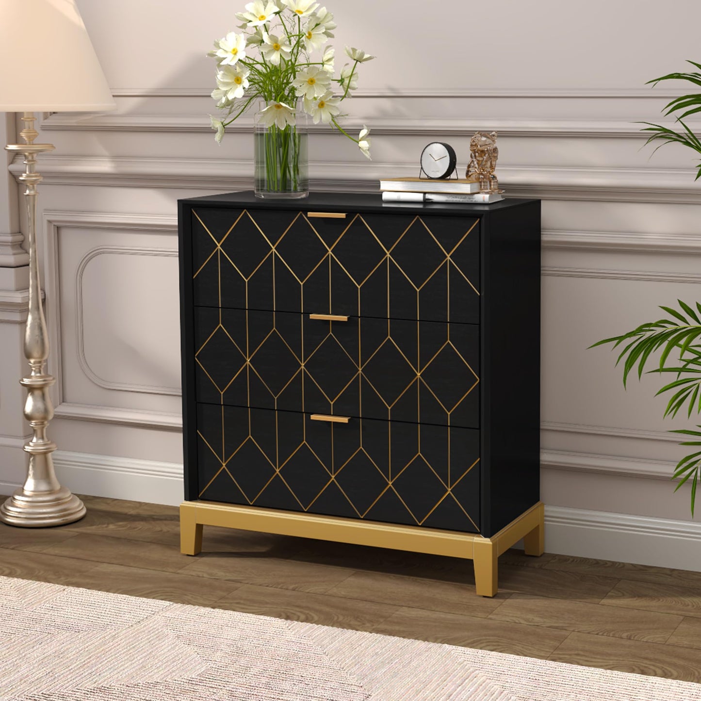 HLR 3 Drawer Dresser for Bedroom, Modern Wood Chest of Drawers with Gold Trim, Accent Dresser Storage Tower, Black Organizer Cabinet for Closet, Living Room, Hallway, Entryway