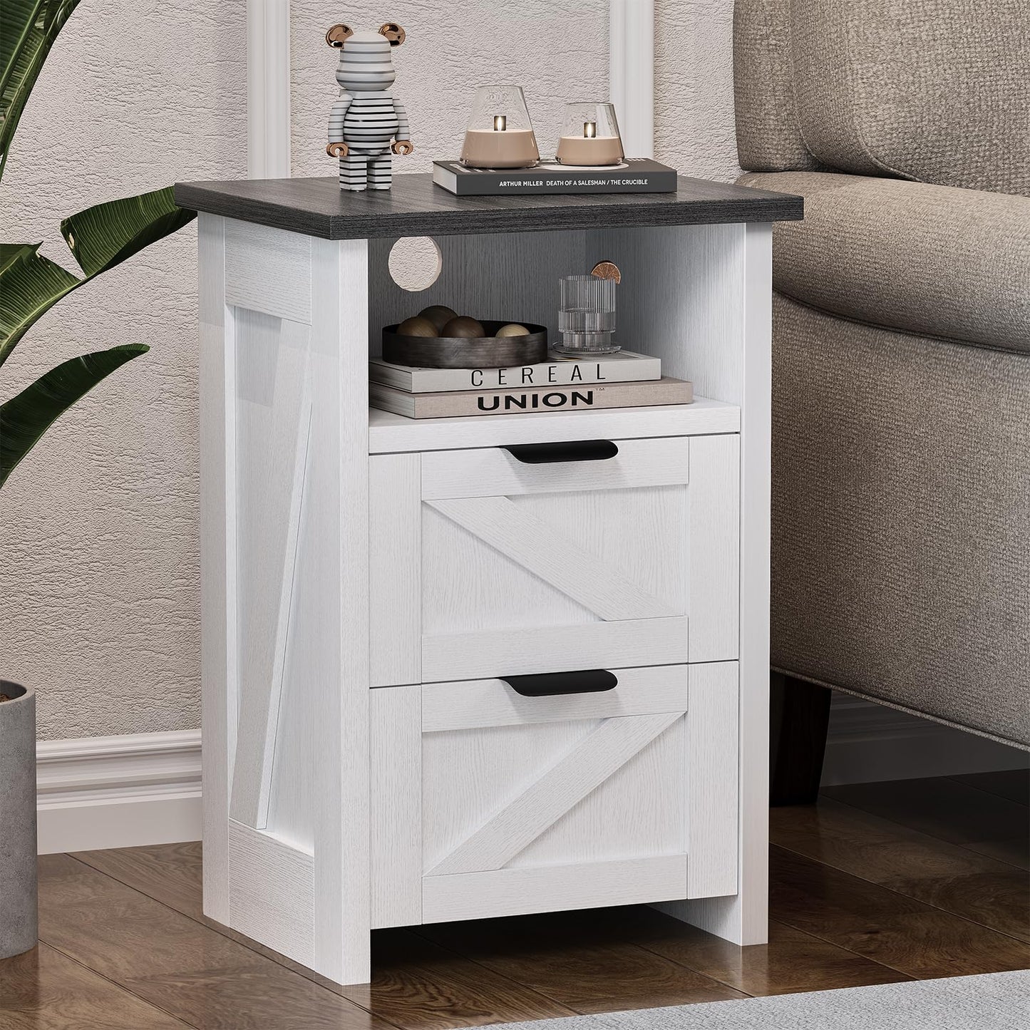 AURINEST Farmhouse Night Stand Set of 2, Bed Side Table with 2 Drawers and Storage Shelf, Rustic White End Table for Bedroom, Living, Entryway, Office, Dorm, Small Spaces, White