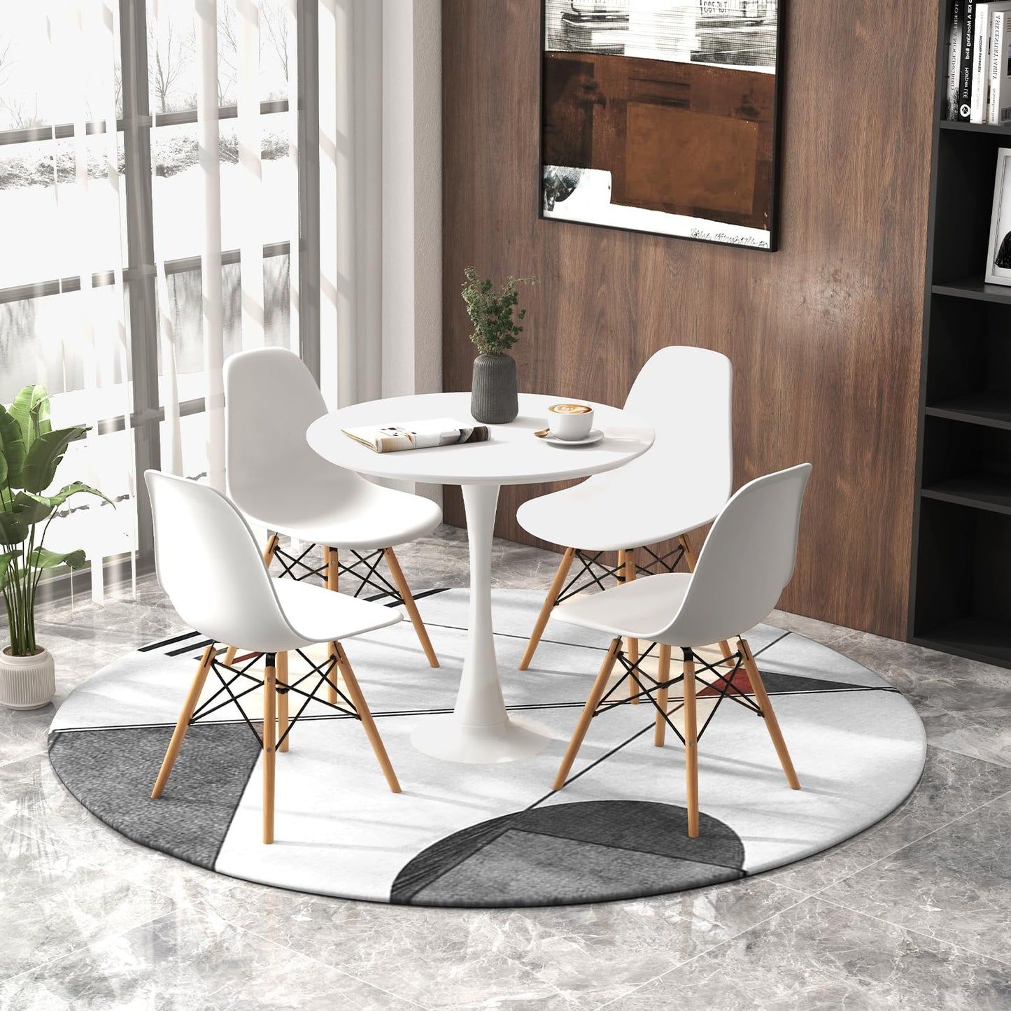 Tangkula Round Dining Table Set for 4, Kitchen Table Set with Seat & Solid Wood Legs, Round Kitchen Table and Chairs for Small Space, White