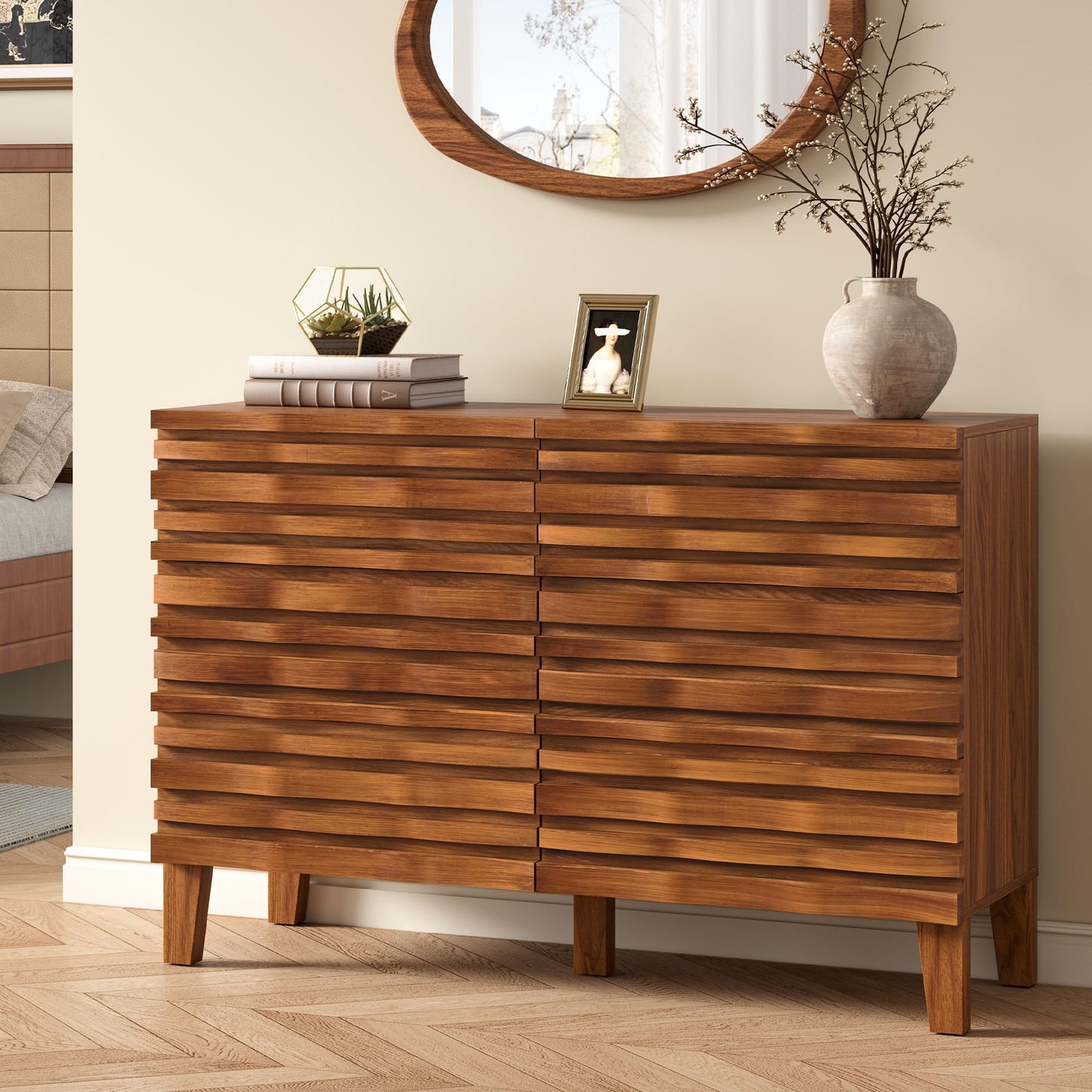 Lamohome Mid Century Modern 6-Drawer Dresser – Solid Wood Fronts, 47" Chest of Drawers with Fluted Design for Bedroom & Living Room, Natural Wood Finish