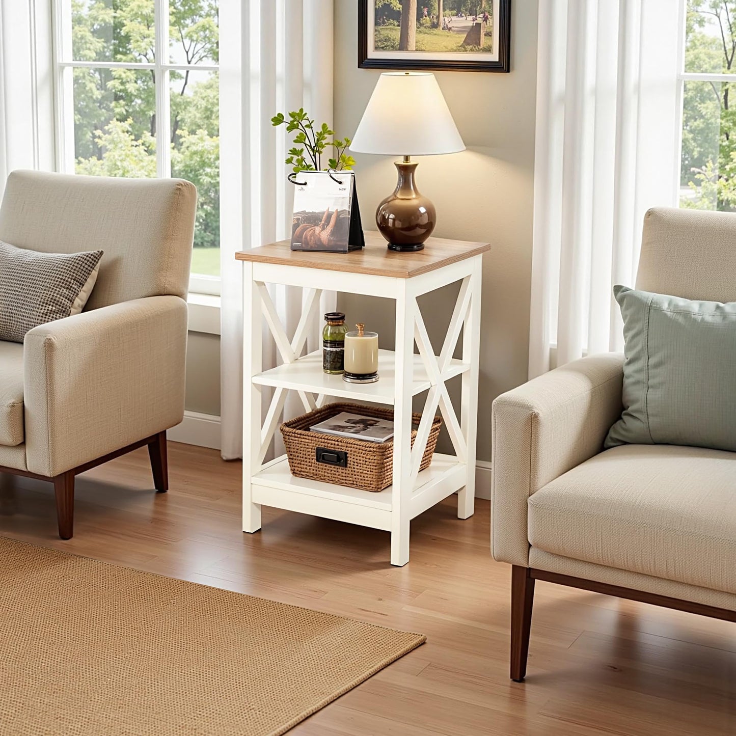 GREEN PARTY End Tables Living Room Set of 2,Side Tables with 3-Tier Storage Shelf, Small Nightstand for Bedroom, Wooden Frame,Small Coffee Table,White