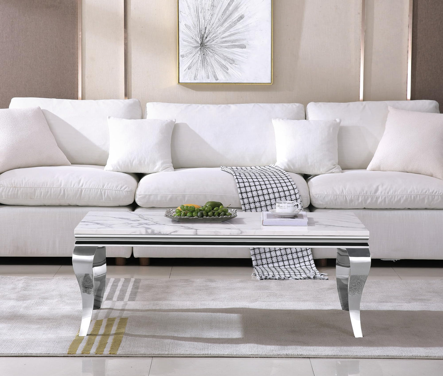 SSLine Modern 3 Piece Living Room Table Set, Includes 1 Coffee Table & 2 End Tables, Luxury Faux Marble Coffee End Table Set with S-Shape Stainless Steel Legs (White Marble& Silver3)