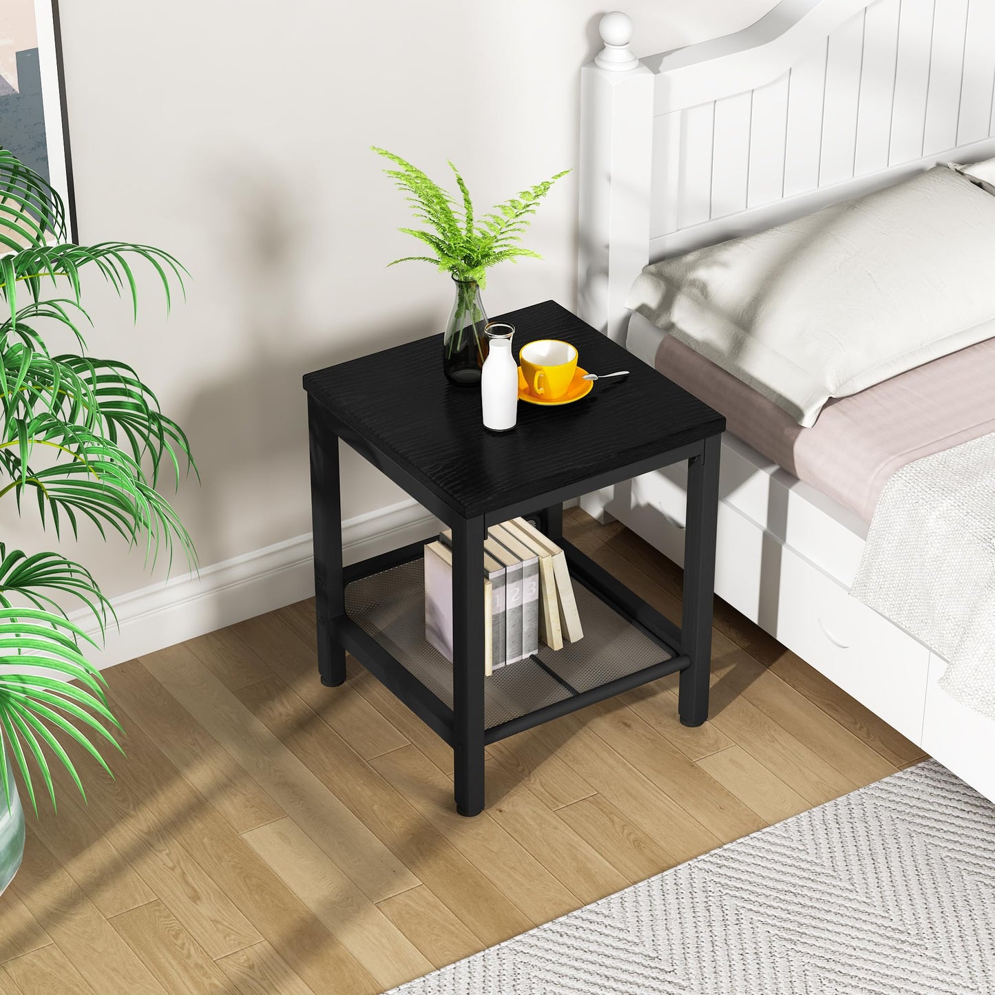 Lamerge 3 Pieces Living Room Table Set, Industrial Coffee Table with 2 Square End Side Tables, Coffee Table Set with Metal Frame for Apartment Home Office, Black