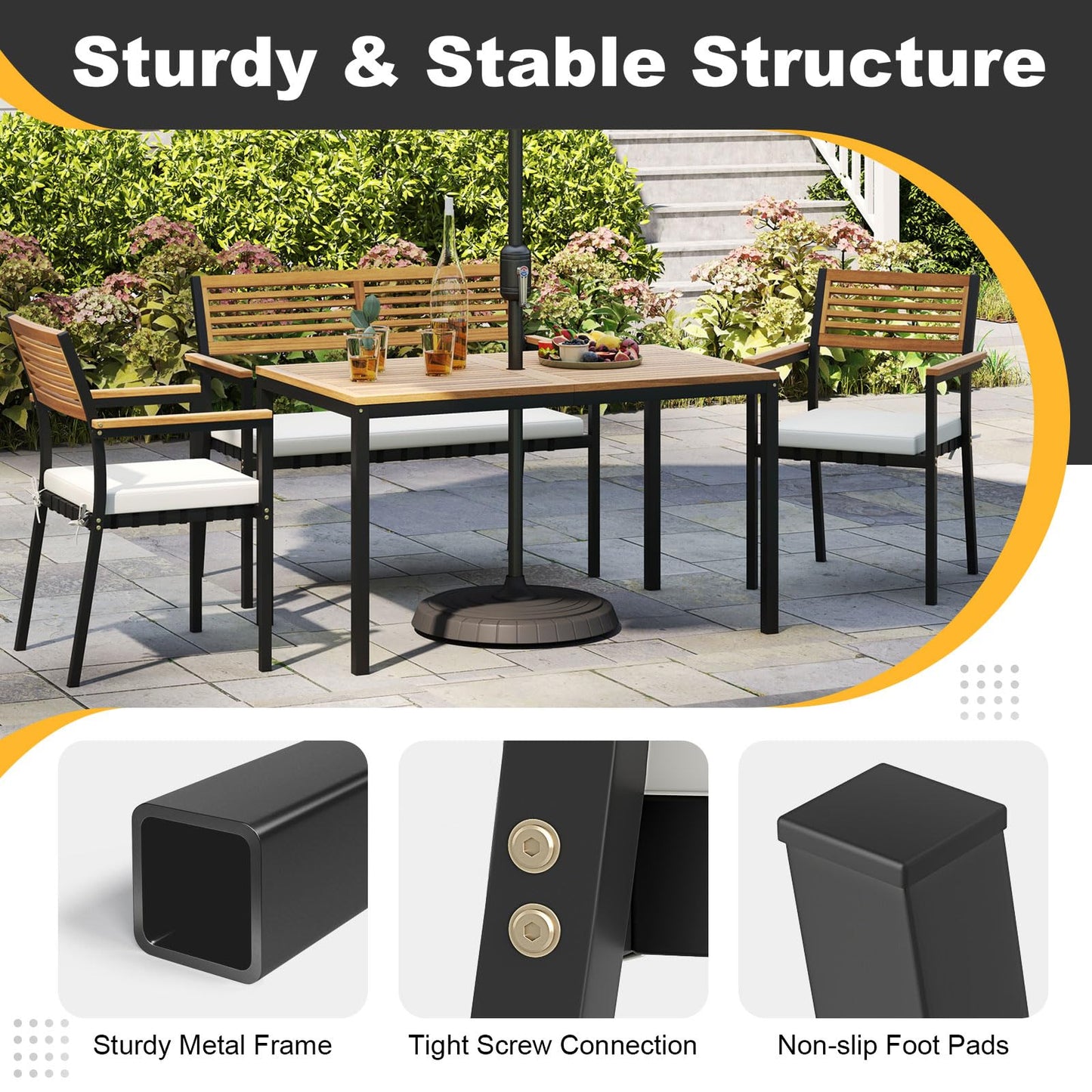 Tangkula 4-Piece Patio Furniture Set, Outdoor Dining Chair Set for 4 w/Acacia Wood & Metal Frame, Umbrella Hole, 1 Table, 2 Armchairs, 1 Bench for Lawn, Garden, Backyard, Porch (Off White)