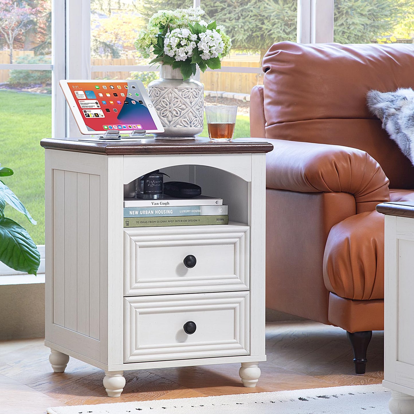 RWYHG 18" Farmhouse Night Stand with Charging Station, White Wood Nightstand with 2 Drawers, Bedside End Table with Shelf Storage, Bed Side Tables Cabinet for Bedroom, Living Room, and Closet