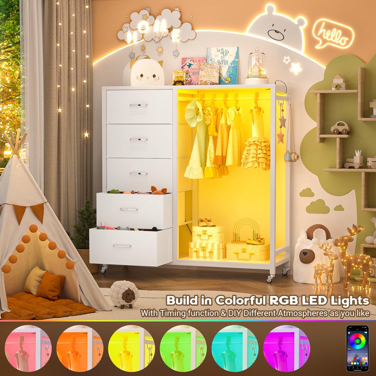 Cyclysio 5 Drawers Dresser with Charging Station & LED Lights, Chest of Drawers with Lockable Wheels, Storage Shelves, Bedroom, Closet, Entryway