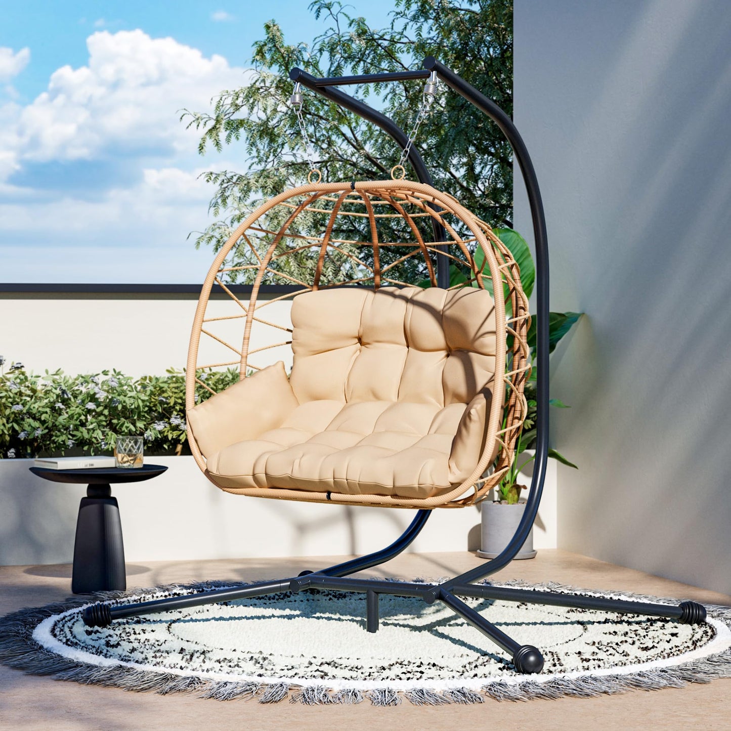 Pamapic Double Egg Chair wth Stand, 700 LBS Loveseat Rattan Swing Chair, UV Resistant Cushions with Armrests and Headrest, Thick Steel Frame Hammock Swing for Outdoor, Patio, Indoor(Beige)