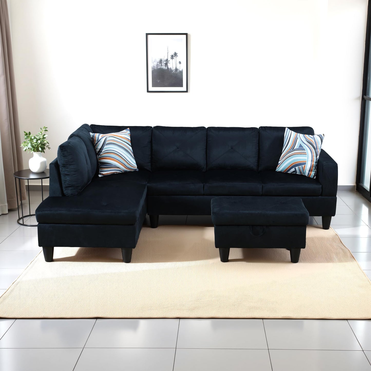 Osparple L Shaped Couch Sectional Couches for Living Room Upholstered Microfiber 3 Pieces Modular Sectional Sofa with Chaise, Ottoman with Storage for Small Apartment, Midnight Blue