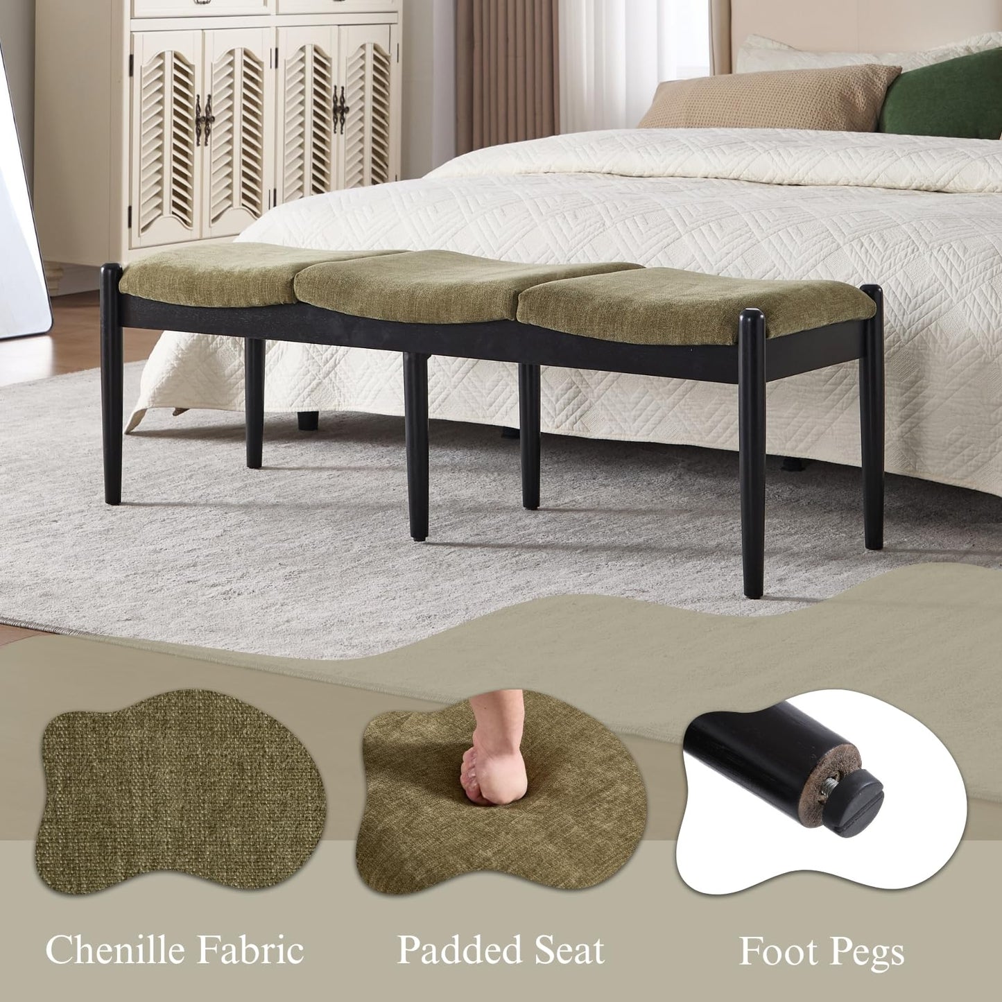 DUOMAY 55'' Modern Ottoman Bench, Chenille Upholstered Entryway Bench Bedroom Bench with Wood Legs, End of Bed Bench for Bedroom, Living Room, Corners, Kitchen, Green