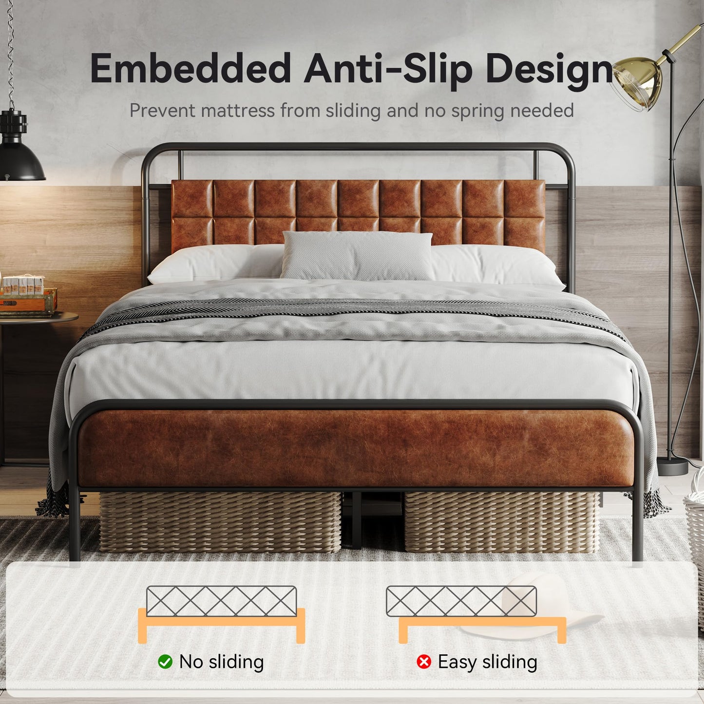 Susalt PU Leather Queen Bed Frame, Queen Size Metal Platform Beds with Upholstered Headboard & Footboard, 12" Underbed Storage Space, Easy Assembly, Noise-Free, No Box Spring Needed, Brown