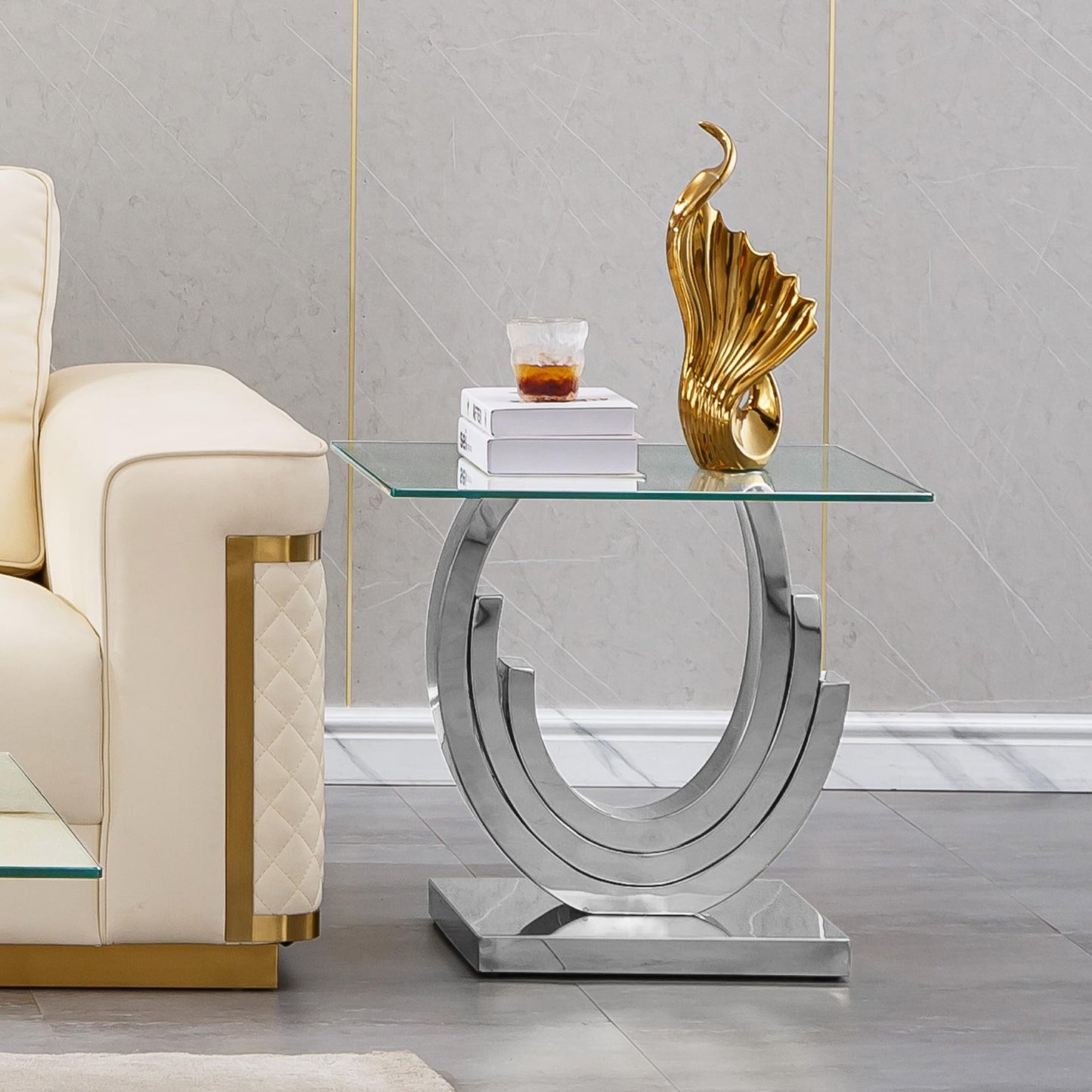 Pvillez Glass End Table with Silver Ring-Shaped Stainless Steel Base, Sqaure Sofa Side Table for Living Room, Clear Glass Accent End Tables Bedside Tables Nightstand for Bedroom Home Office