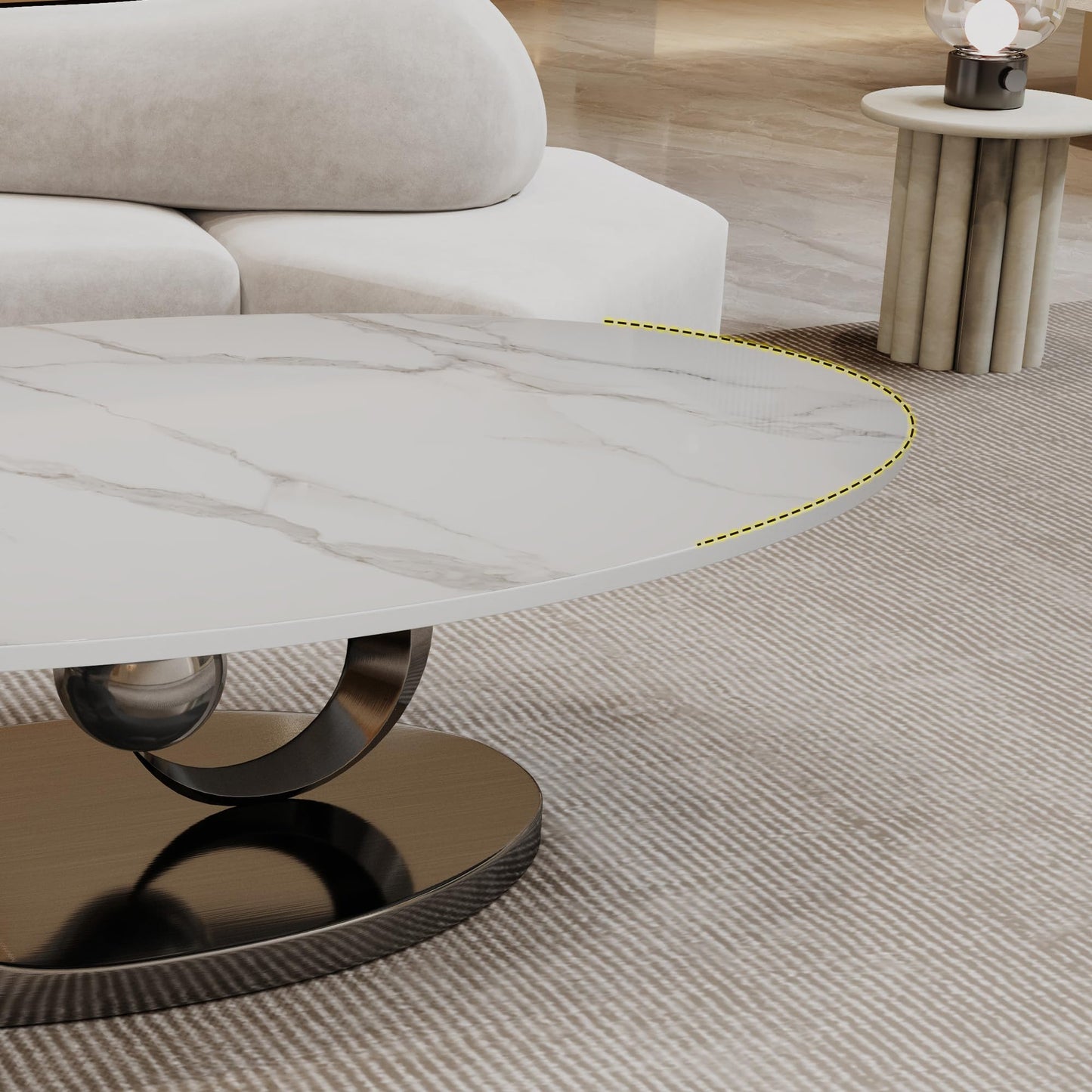 Mid Century Modern Coffee Table, 49.2" Large Oval Coffee Table w/White Faux Marble Tabletop & Silver Sculptural Stainless Steel Base, Minimalist Coffe Cocktail Center Table for Living Room Apartment