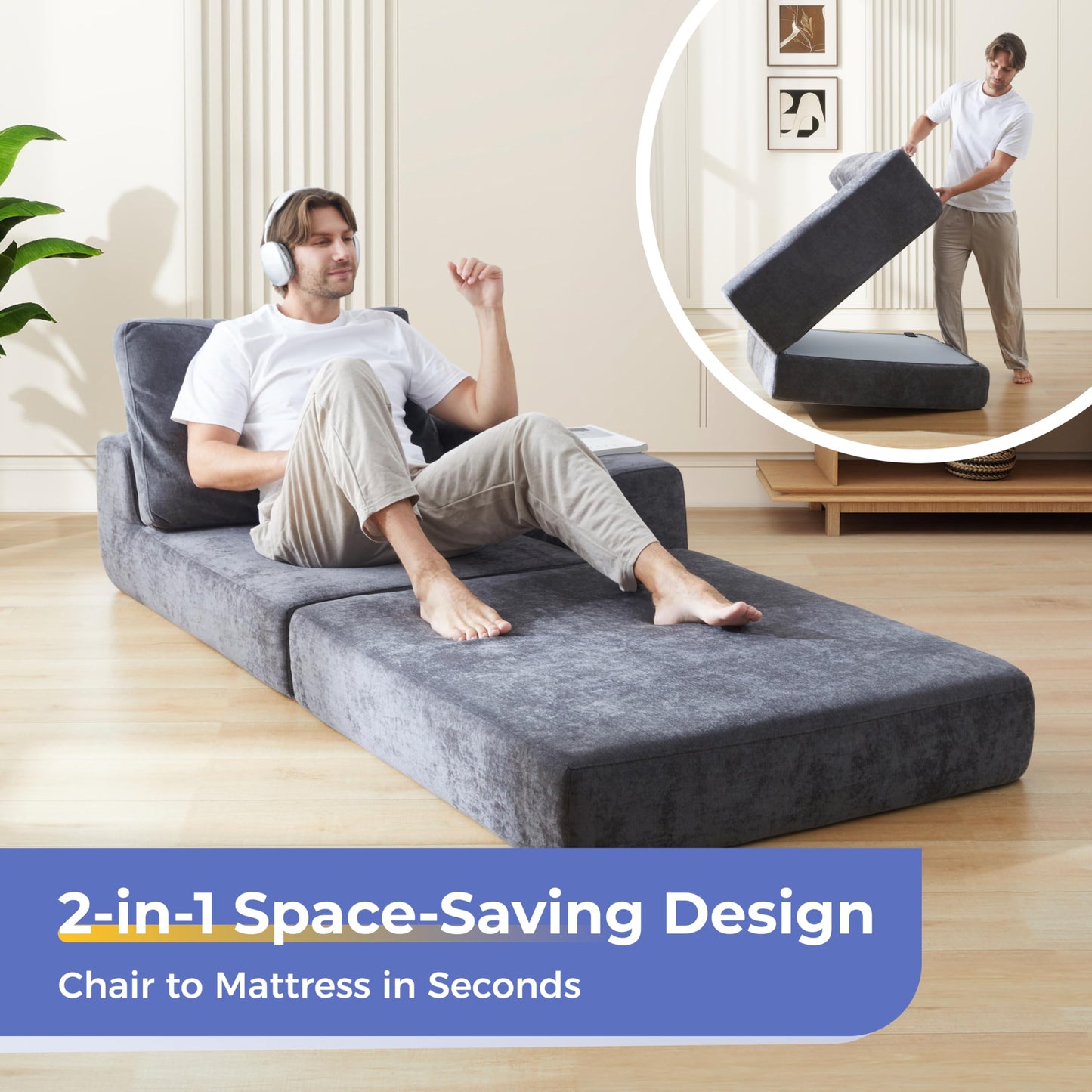 Jamdok 8 Inch Thick Upgraded Folding Mattress, L-Shaped Armrest Sleeper Chair Sofa, Floor Guest Bed, High Density Foam Couch,Gray (Right-Armrest)