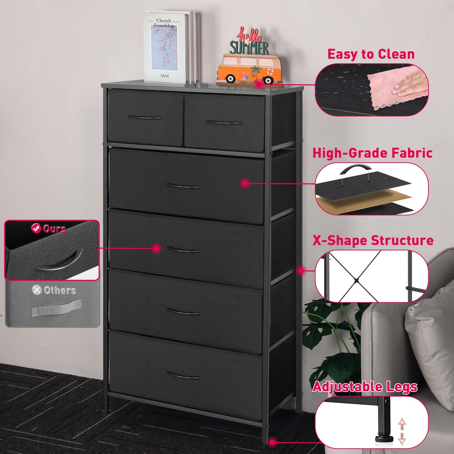 Mifuro Tall Dresser for Bedroom, Vertical Storage Organizer Tower with 6 Drawers, Chest of Drawers with Fabric Bins, Steel Frame, Wood Top for Bedroom, Closet, Entryway- Black