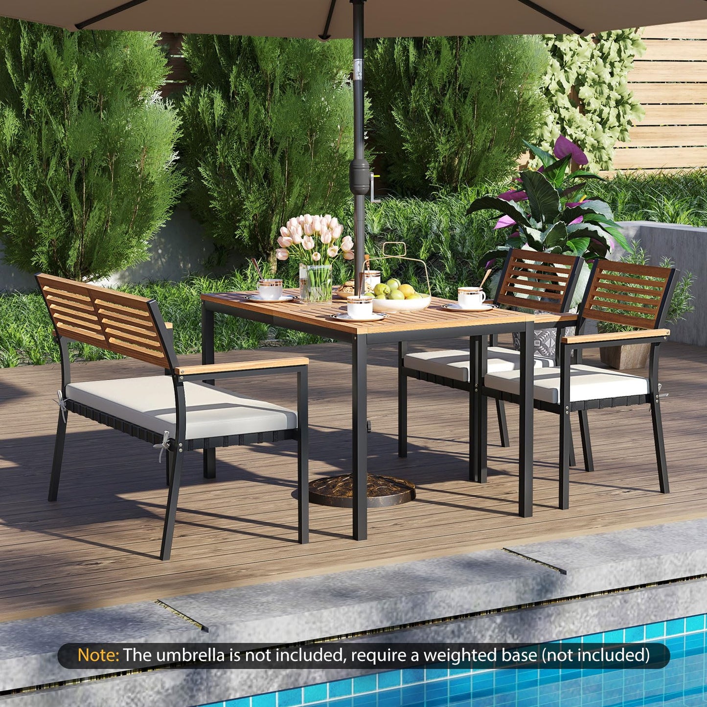 Tangkula 4-Piece Patio Furniture Set, Outdoor Dining Chair Set for 4 w/Acacia Wood & Metal Frame, Umbrella Hole, 1 Table, 2 Armchairs, 1 Bench for Lawn, Garden, Backyard, Porch (Off White)