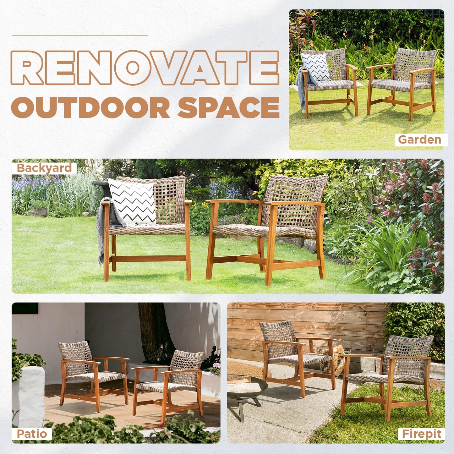 IDZO Liberte 500lbs Capacity Acacia Outdoor Club Chairs Set of 2, FSC Teak Finish Wood Upgraded Patio Furniture Sets with Upgraded 2000Hours UV Resistant Wicker
