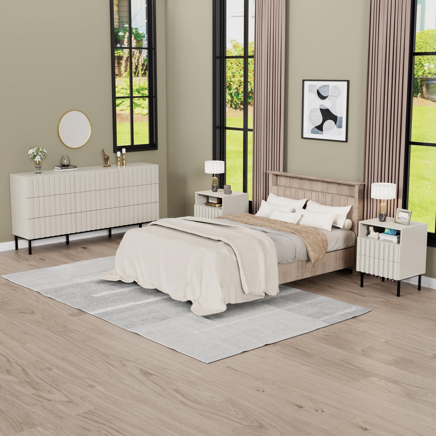 UEV 3 Piece Bedroom Dresser Set, Long 9 Drawer Dresser & 2 Drawer Nightstands with Open Shelf, Modern Wooden Chest of Drawers & Nightstand Sets for Bedroom, Living Room, Entryway, Beige