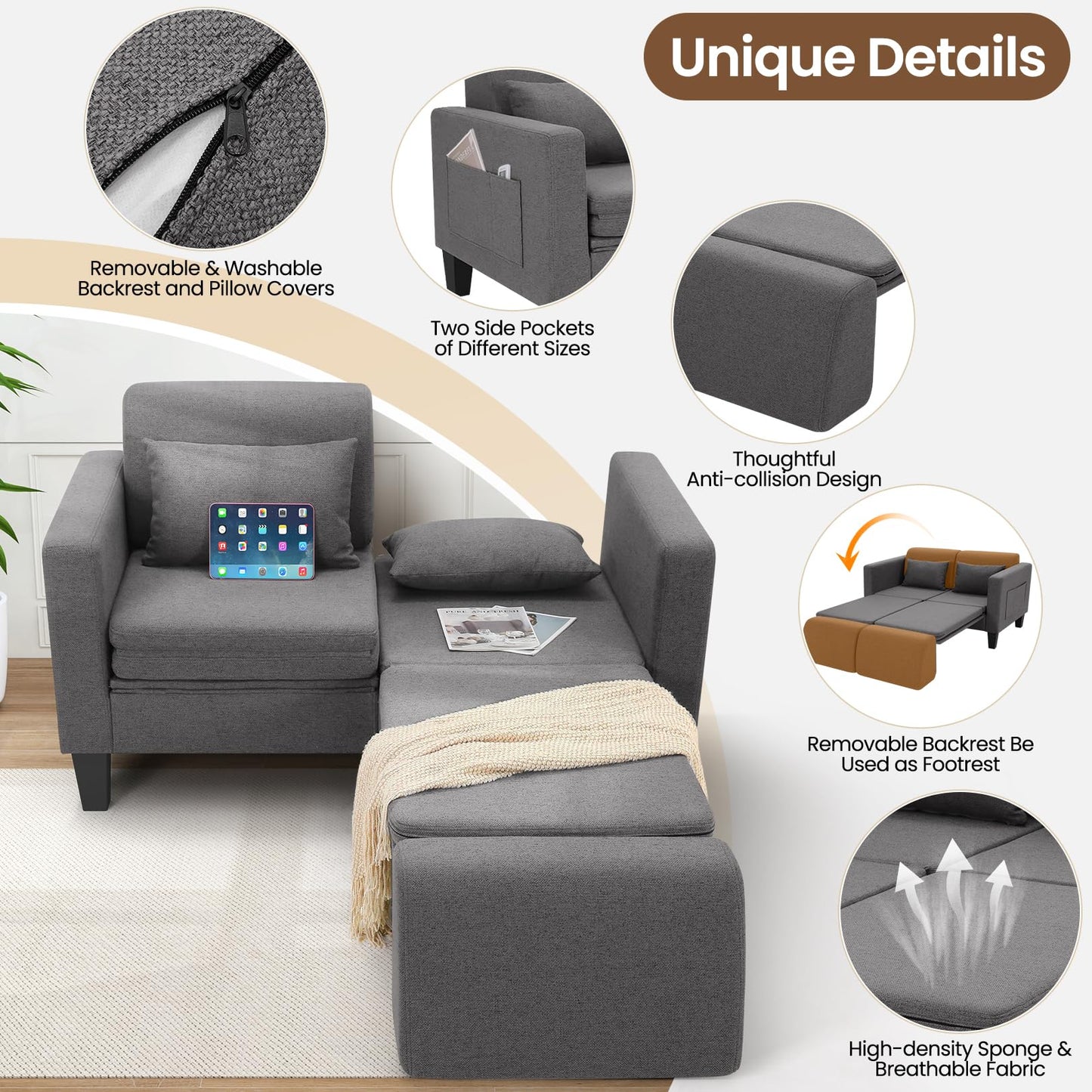 SEJOV 6-in-1 Convertible Sofa Bed, 58" Loveseat Sleeper Sofas with Pull Out Couch Bed, Removable Backrest, Storage Pockets and 2 Pillows, Modern Folding Linen Futon Couch for Small Spaces, Gray