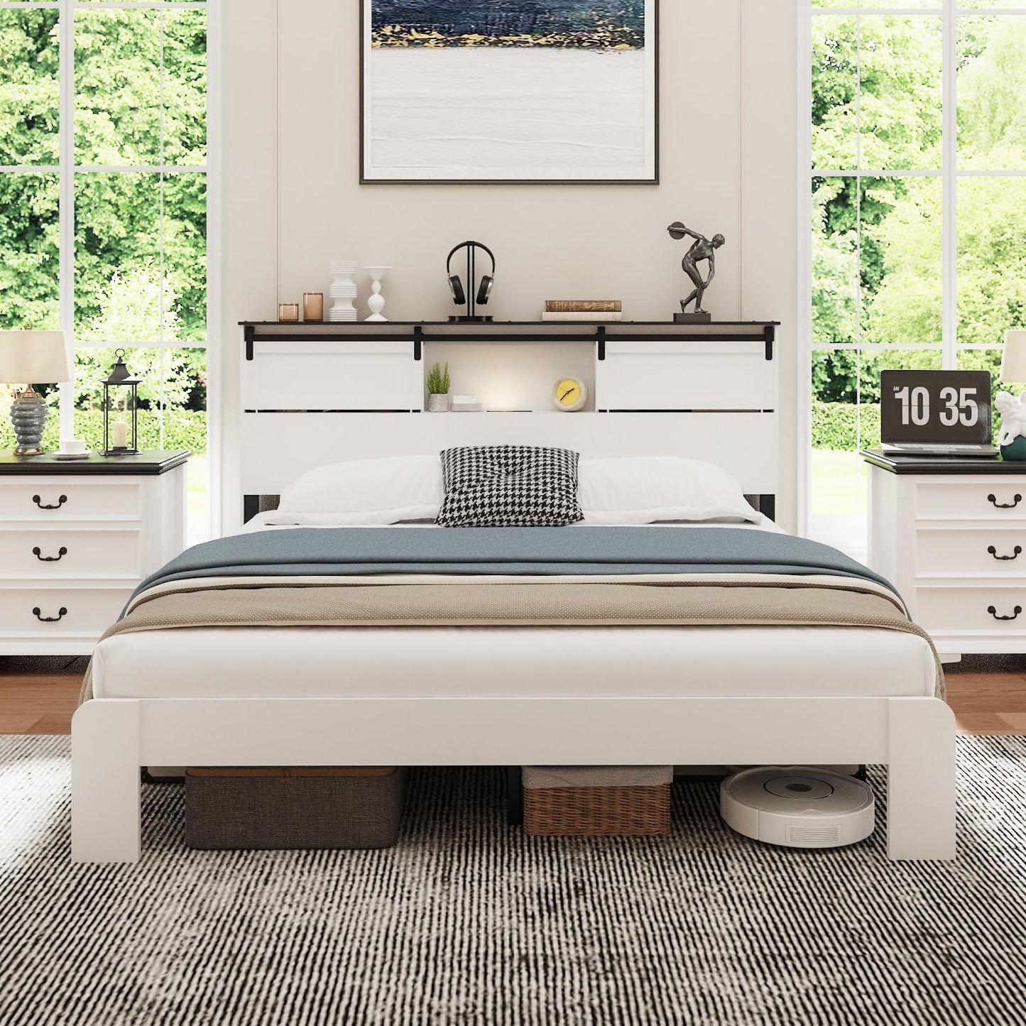 QNICE King Size Wooden Bed Frame with Storage Headboard, LED Lights & Charging Station, Sliding Barn Door, Farmhouse Wood Platform Bed with Metal Slats Support, Boho White