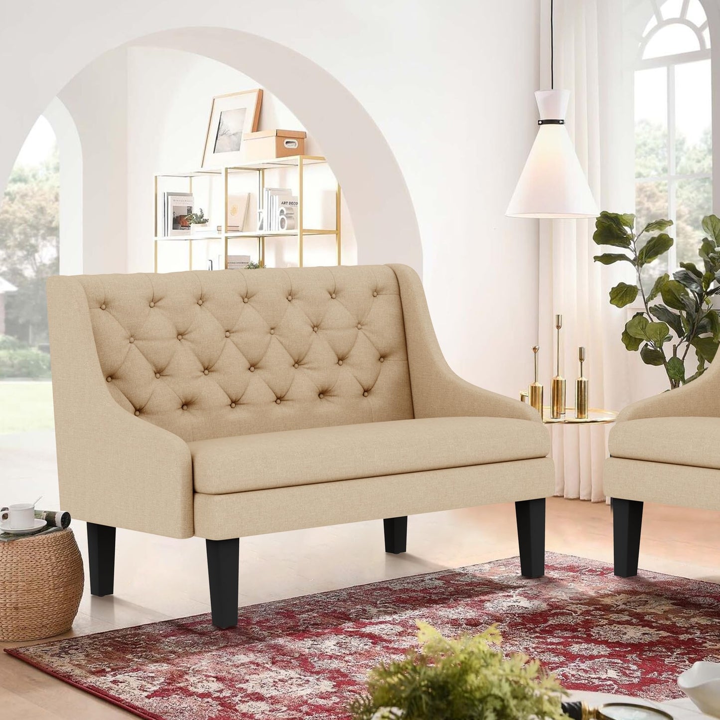 Yongqiang Settee Bench with Back for Dining Room Living Room Entryway Modern Upholstered Banquette Button Tufted Loveseat Sofa Mini Couch with Wood Legs Khaki