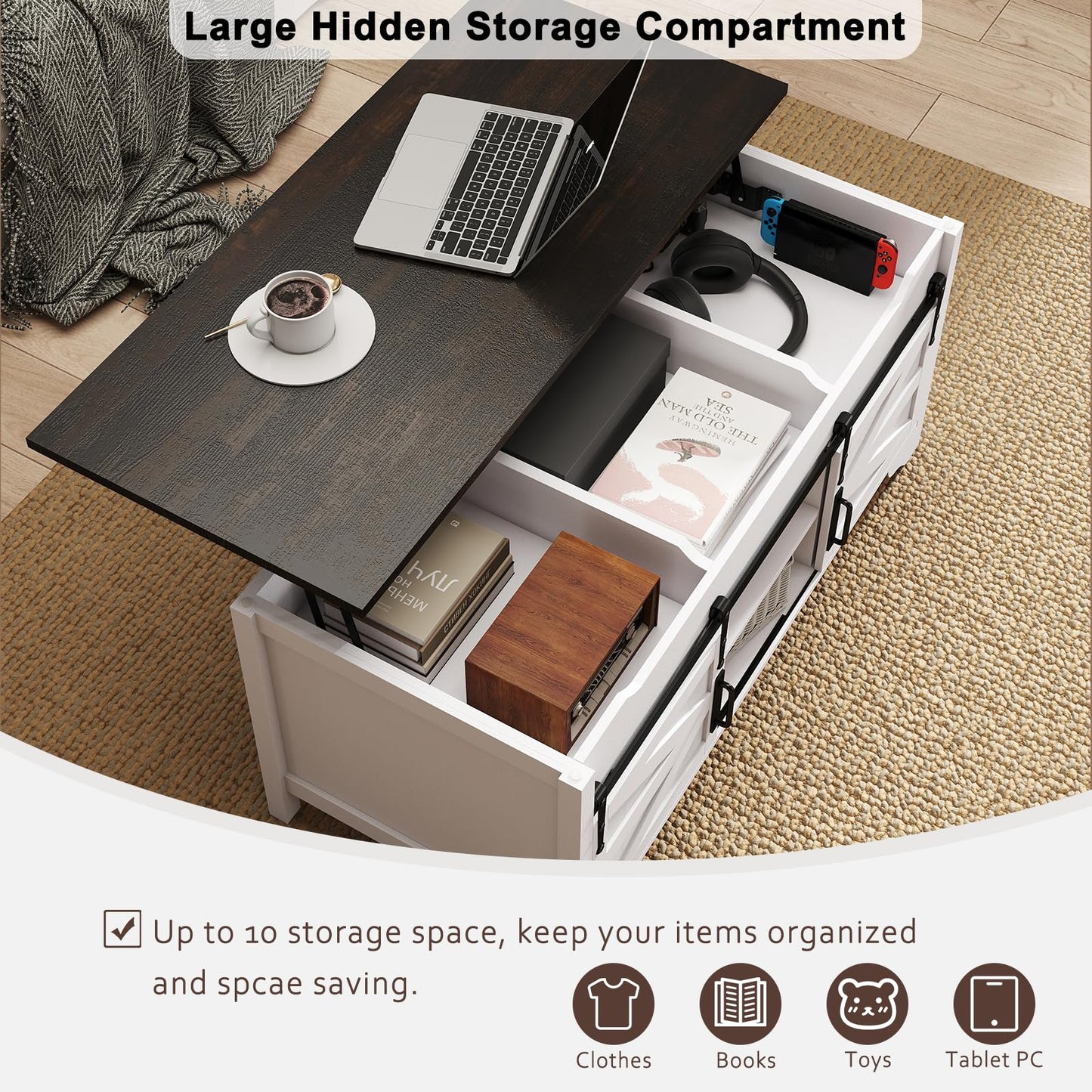 Kmax Lift Top Coffee Table, Farmhouse Coffee Table with Hidden Storage & Sliding Barn Door, Modern Rectangular Rustic White Living Room Center Table, Black Top