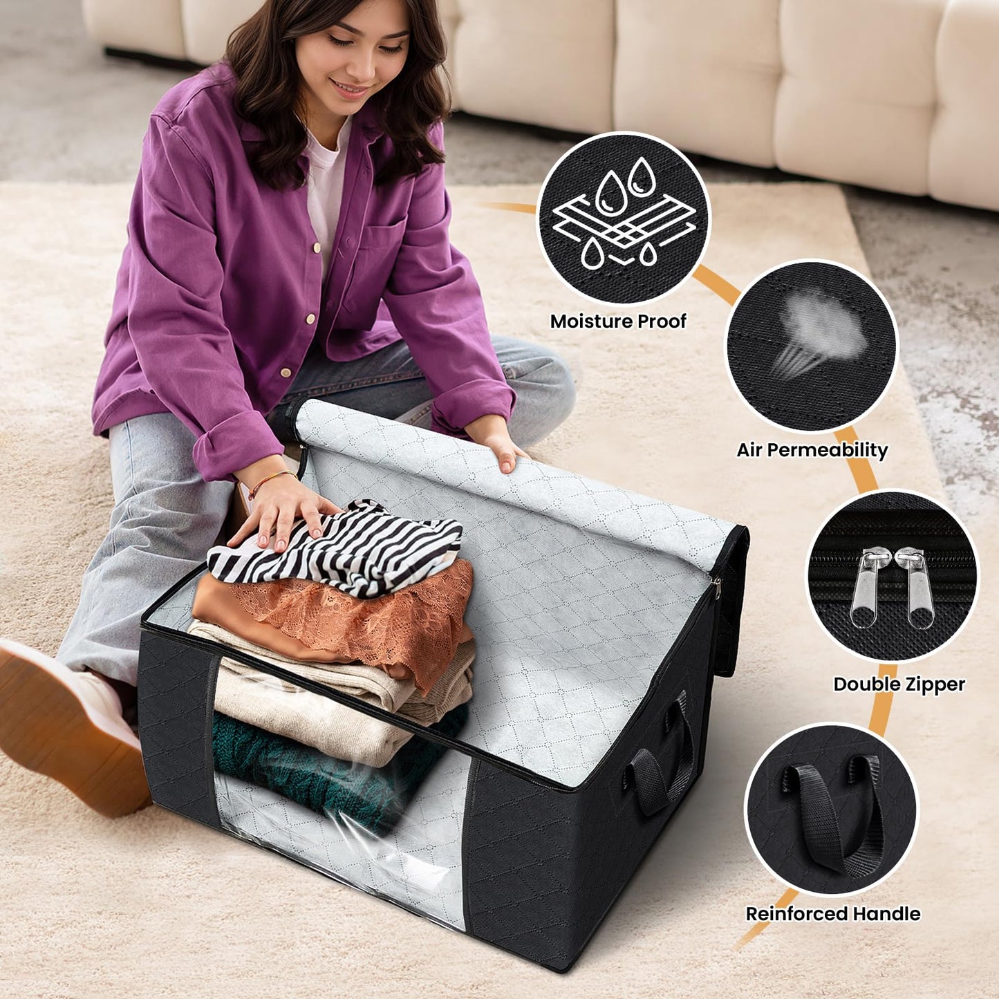 Fab totes 6 Pack Clothes Storage, Foldable Thick Fabric Blanket Storage Bags, Containers for Organizing Bedroom, Closet, Clothing, Comforter,Closet Organization with Handle,Black