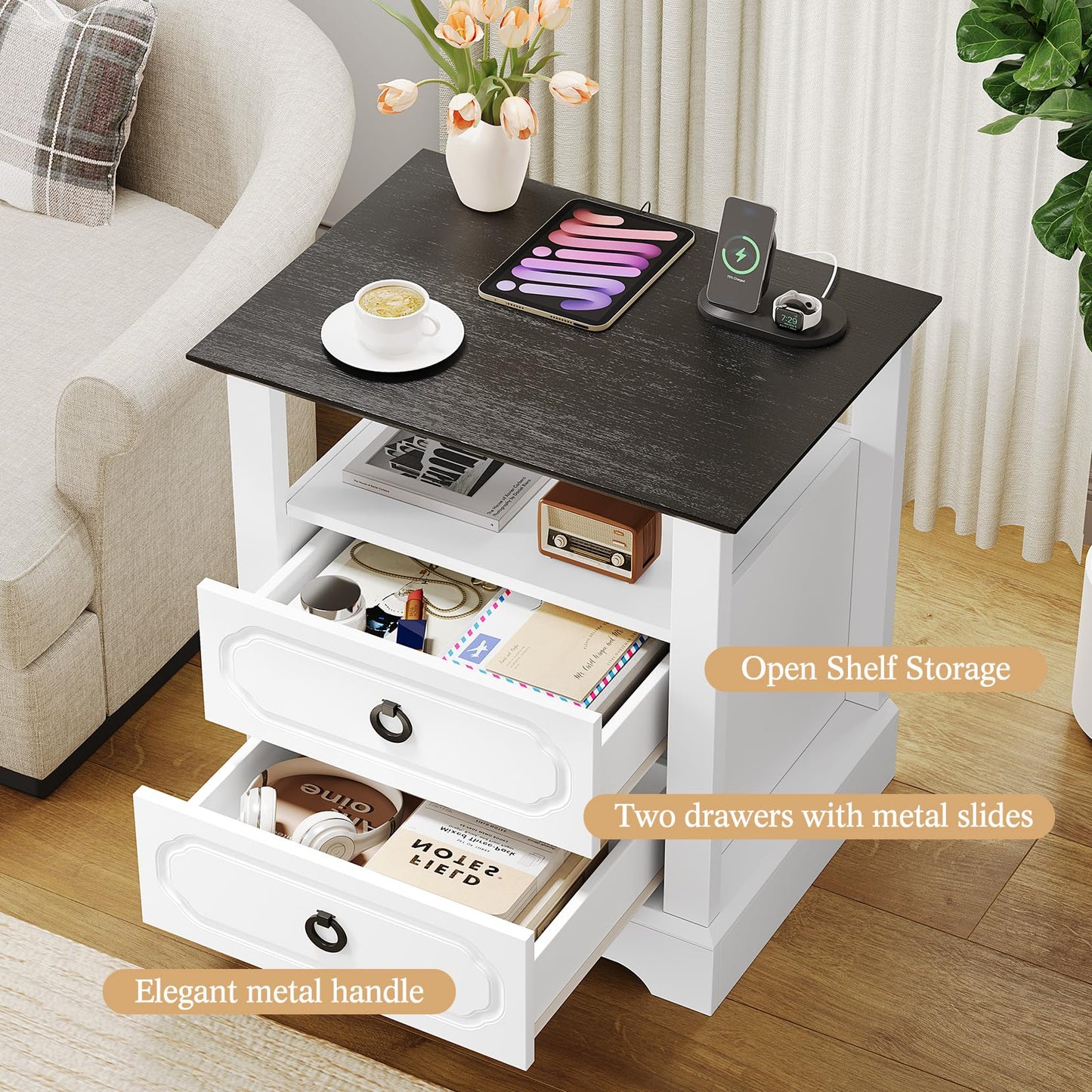 Concho 21.3" Farmhouse Nightstand with Charging Station, Modern End Table with 2 Drawers & Open Shelf, Wood Side Table with Storage, Large Bedside Cabinet for Bedroom, White