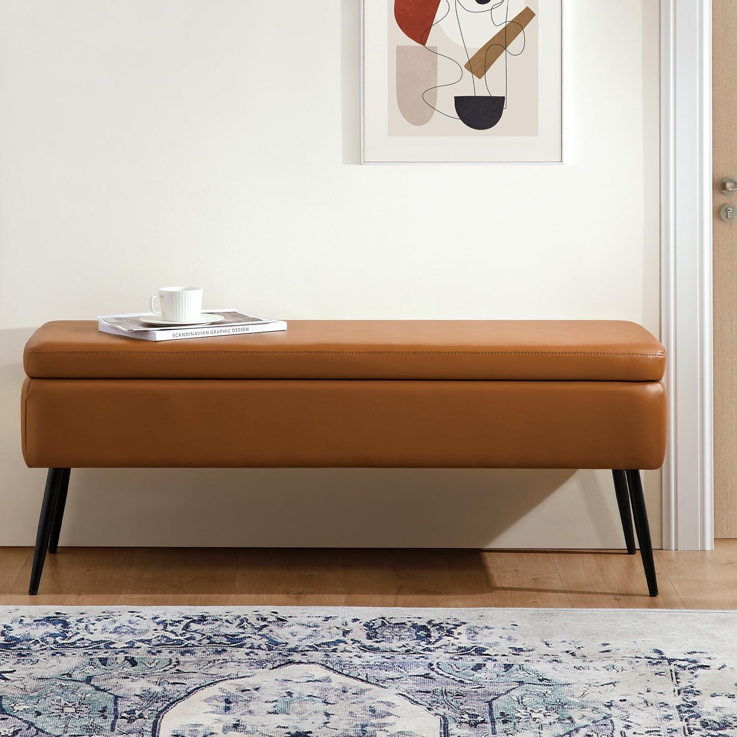 kinmars Leather Storage Ottoman Bench,End of Bed Bench for Living Room Bedroom Dinning Room Entryway,Mid-Century Modern,Faux Leather,with Steel Legs,Safety Hinges,Loads 660 lb (Without Button, Brown)