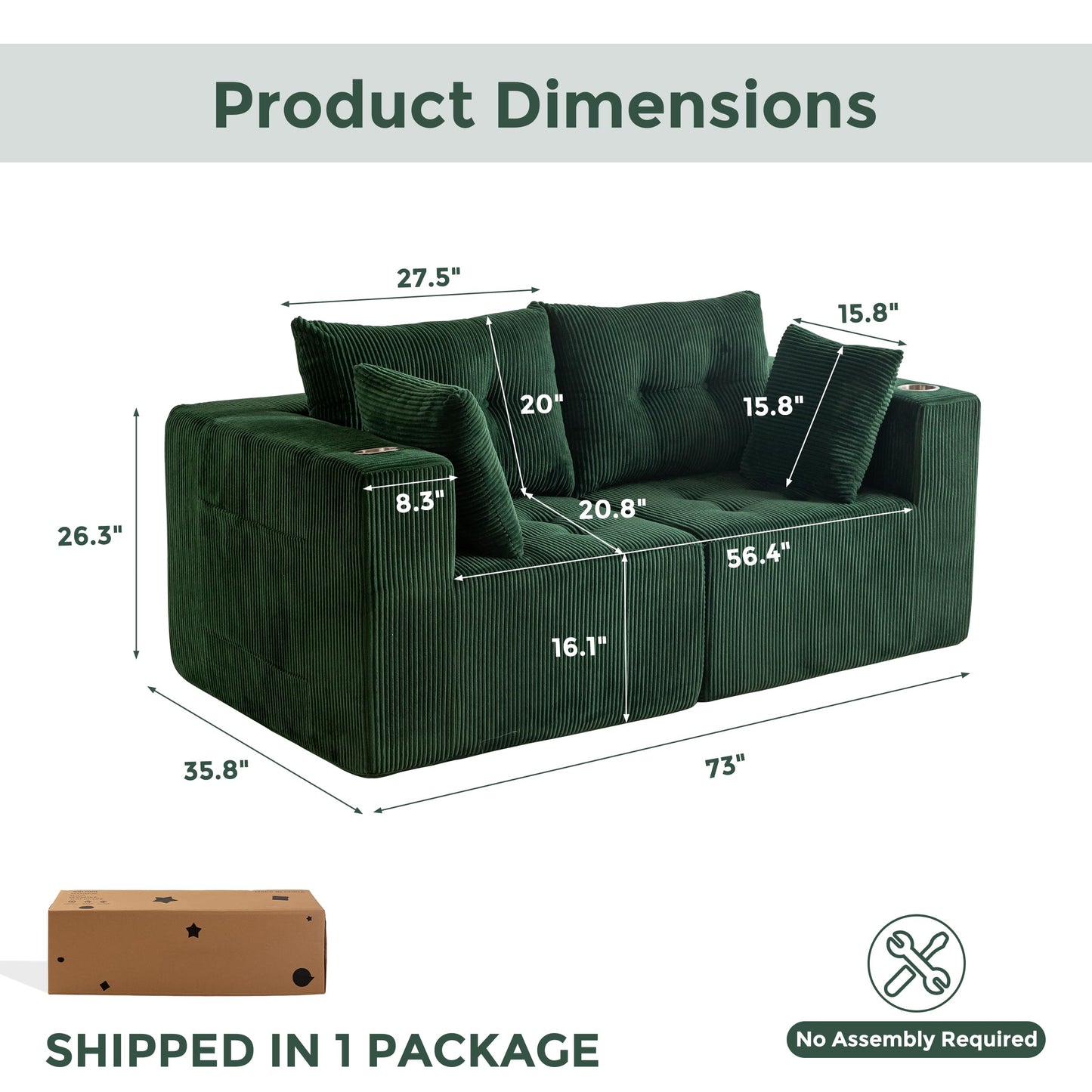 MAXYOYO Modular Sectional Sofa Couch, Loveseat Boneless Cloud Couch for Living Room, Sofa in A Box, Upholstered Cozy Chair with Tufted Craft, No Assembly Required, Green