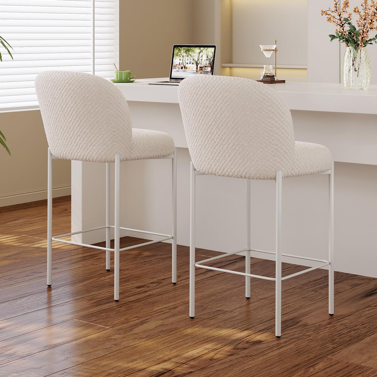 Guyii Beige Counter Height Bar Stools Set of 2,Velvet Fbric BarStools with Back,Counter High Chairs with Metal Legs,2 Pieces Bar Stool Set for Kitchen Island Bar