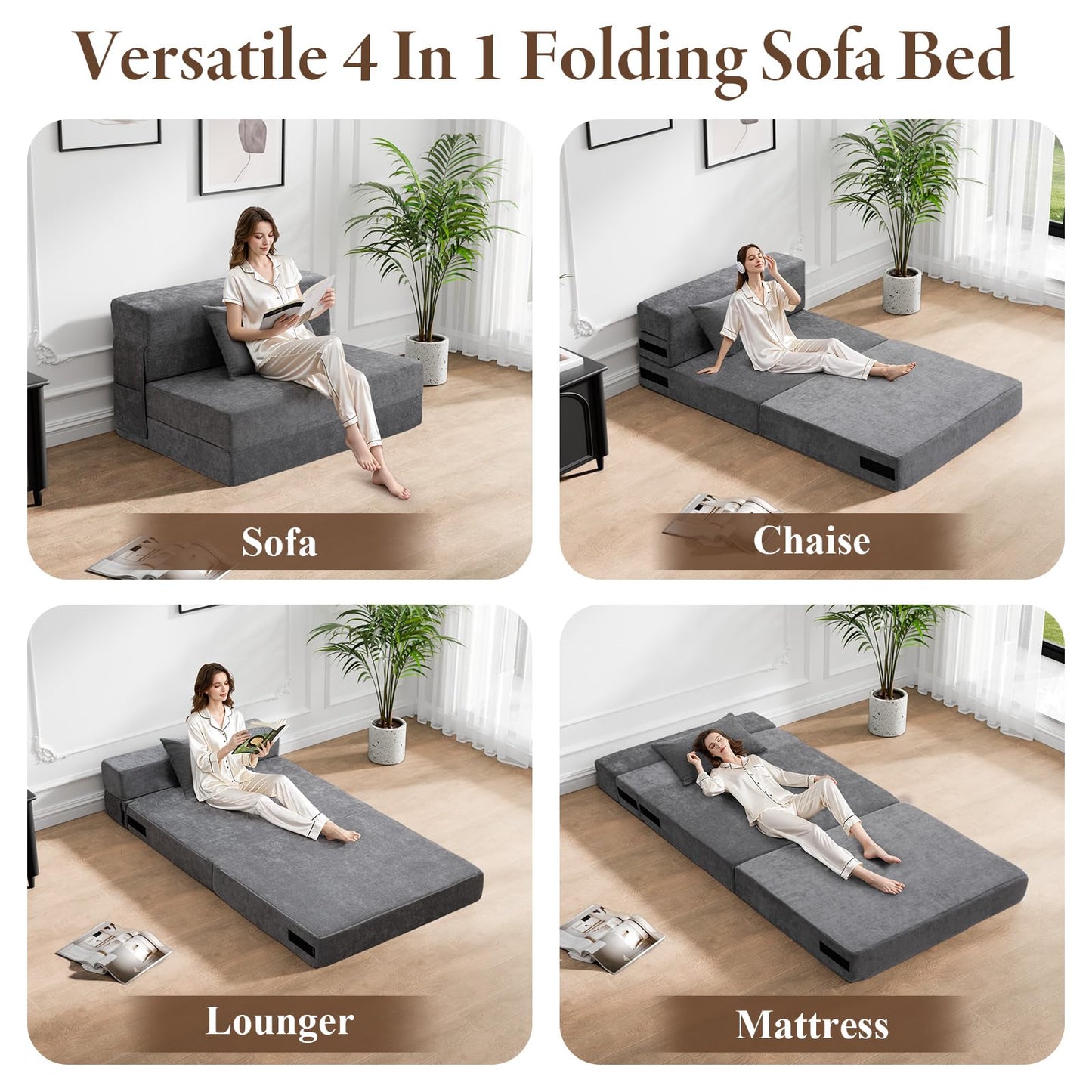 HOMFINE Folding Sofa Bed - Convertible Sleeper Chair with Pillow, Fold Out Couch, Foam Floor Mattress, Futon Couch, Lazy Sofa for Living Room/Dorm/Guest Room/Home Office, Twin, Gray