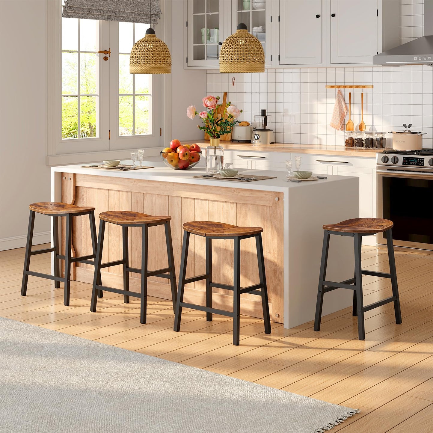 HOOBRO Bar Stools, Set of 2 Bar Chairs, 23.6 Inch Barstools for Kitchen Counter, Counter Height Bar Stools, Kitchen Stools with Footrests, for Dining Room, Rustic Brown and Black BF57MDP201