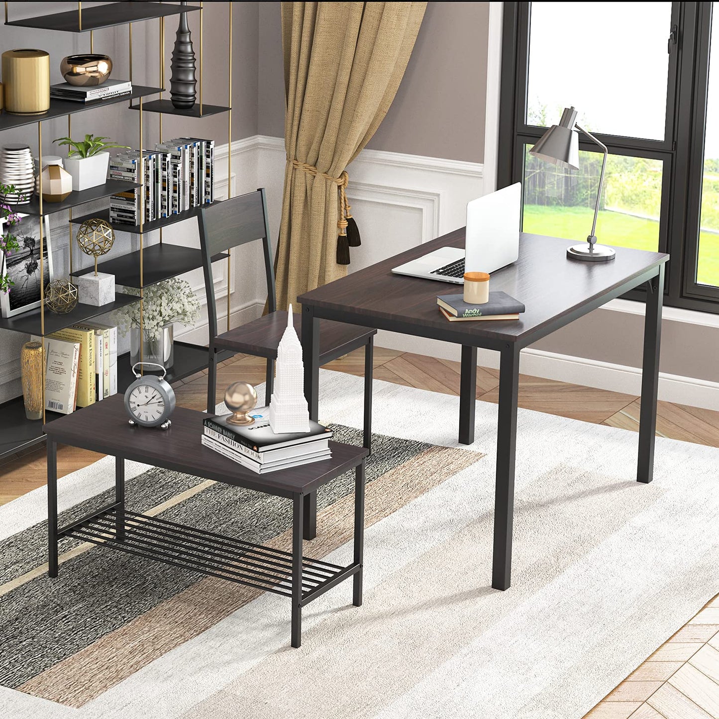 soges Dining Table Set for 4, 43.3 inch Kitchen Table Set with Chairs and Bench, 4 Piece Dining Room Table Set for Small Space, Apartment, Restaurant, Rustic Oak
