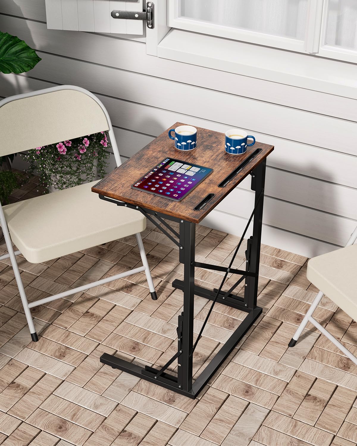 Evermagin 21''Wx28''H TV Tray Set of 2, Small Foldable C-Shaped End Table for Eating with Tablet and Phone Slots, Slide Under Couch Side Table for Recliner, Living Room, Bedroom, Rustic Brown