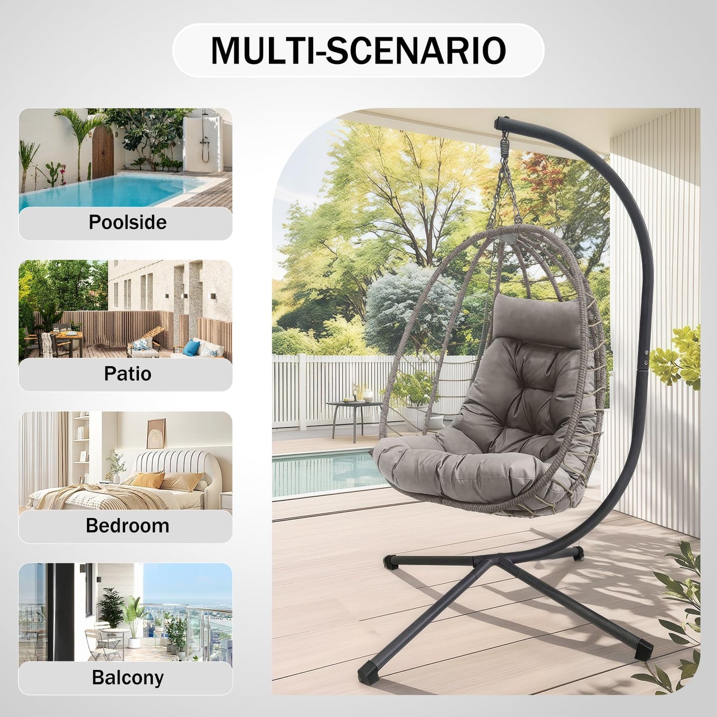 Hanging Egg Chair with Stand, Outdoor Patio Rattan Wicker Swing Egg Chair, Outdoor Indoor Hammock Chair for Porch, Living Room, Poolside and Balcony, 350LBS Capacity, Light Grey