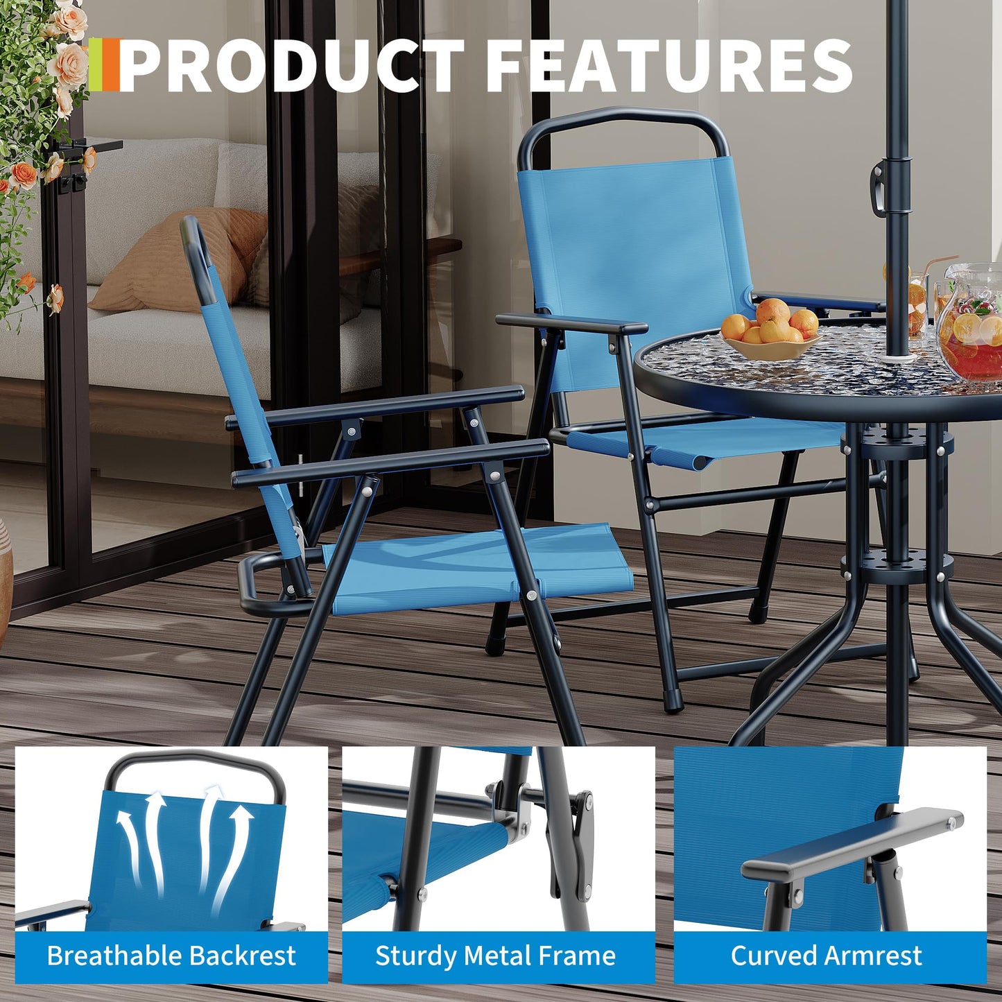 Patio Dining Set for 4 With Umbrella, Outdoor Furniture Set With 4 Folding Dining Chairs, Outdoor Table Umbrella Set With Tempered Glass Top Dinings Table