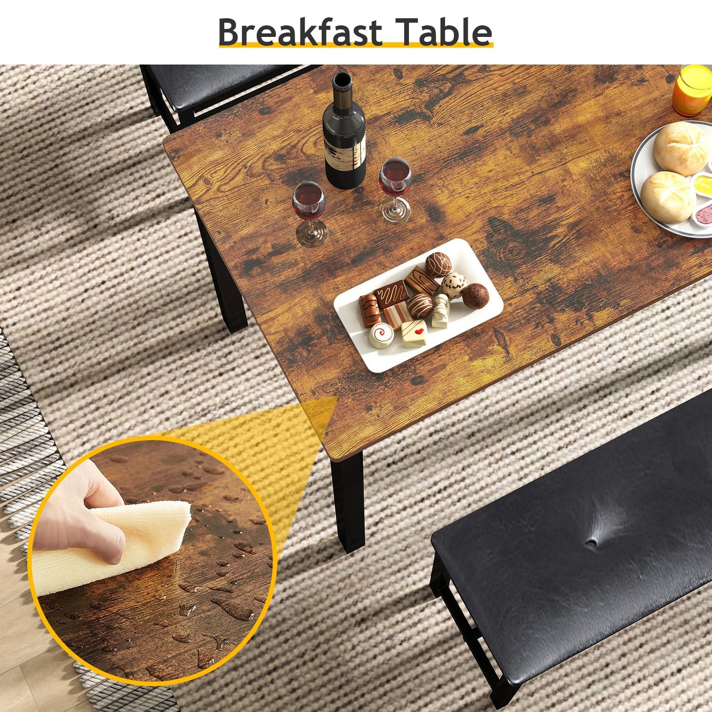 Rovibek Dining Room Table Bench Set for 4, Modern Space Saving Kitchen Table with with 2 Upholstered Benches & Adjustable Feet, Wooden Breakfast Table, 43", Brown
