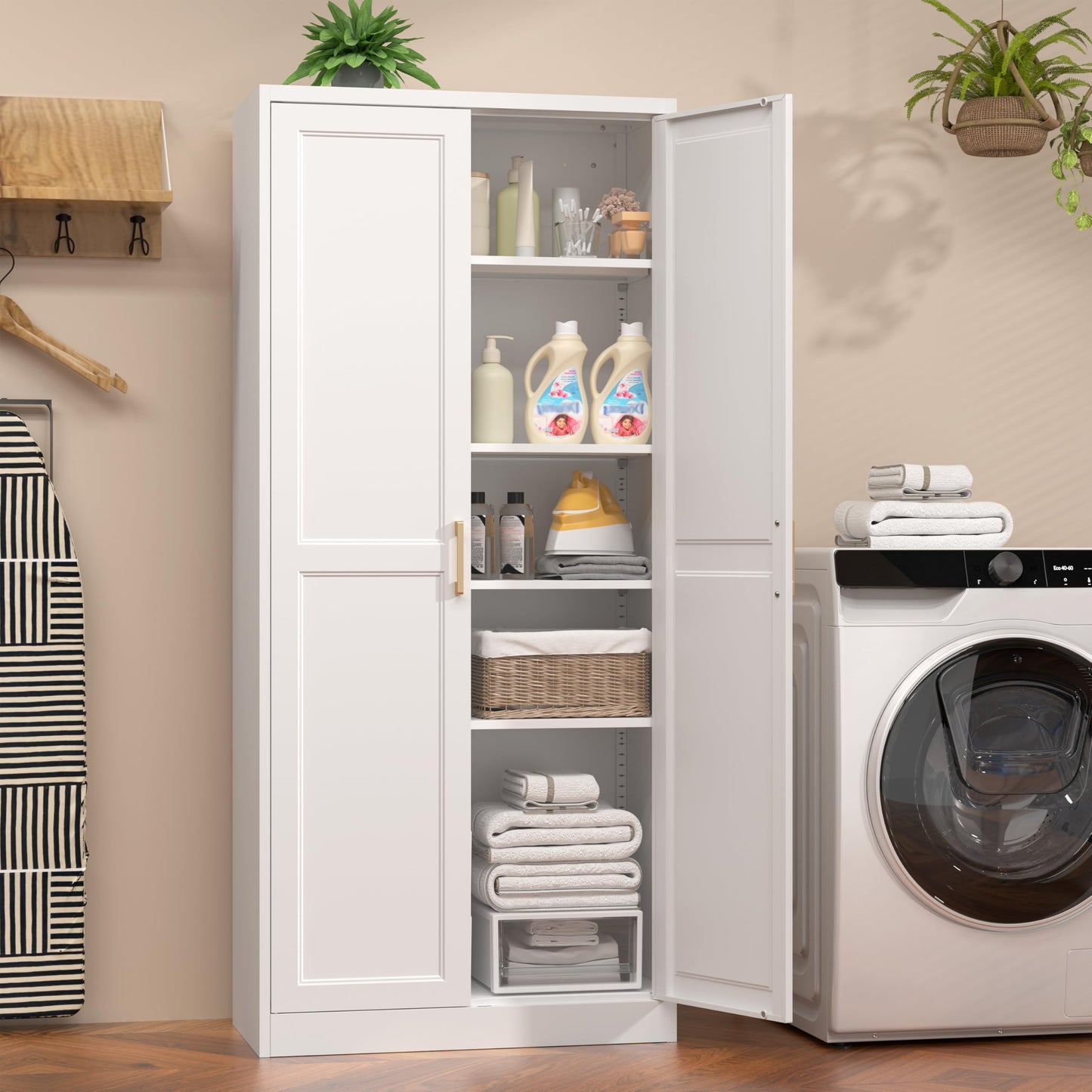 Kubohogar 71" Tall Metal Pantry Cabinet, White Kitchen Pantry Storage Cabinet with 4 Adjustable Shelves and Gold Handles, Cupboard for Kitchen, Dining Room, Living Room, Bathroom