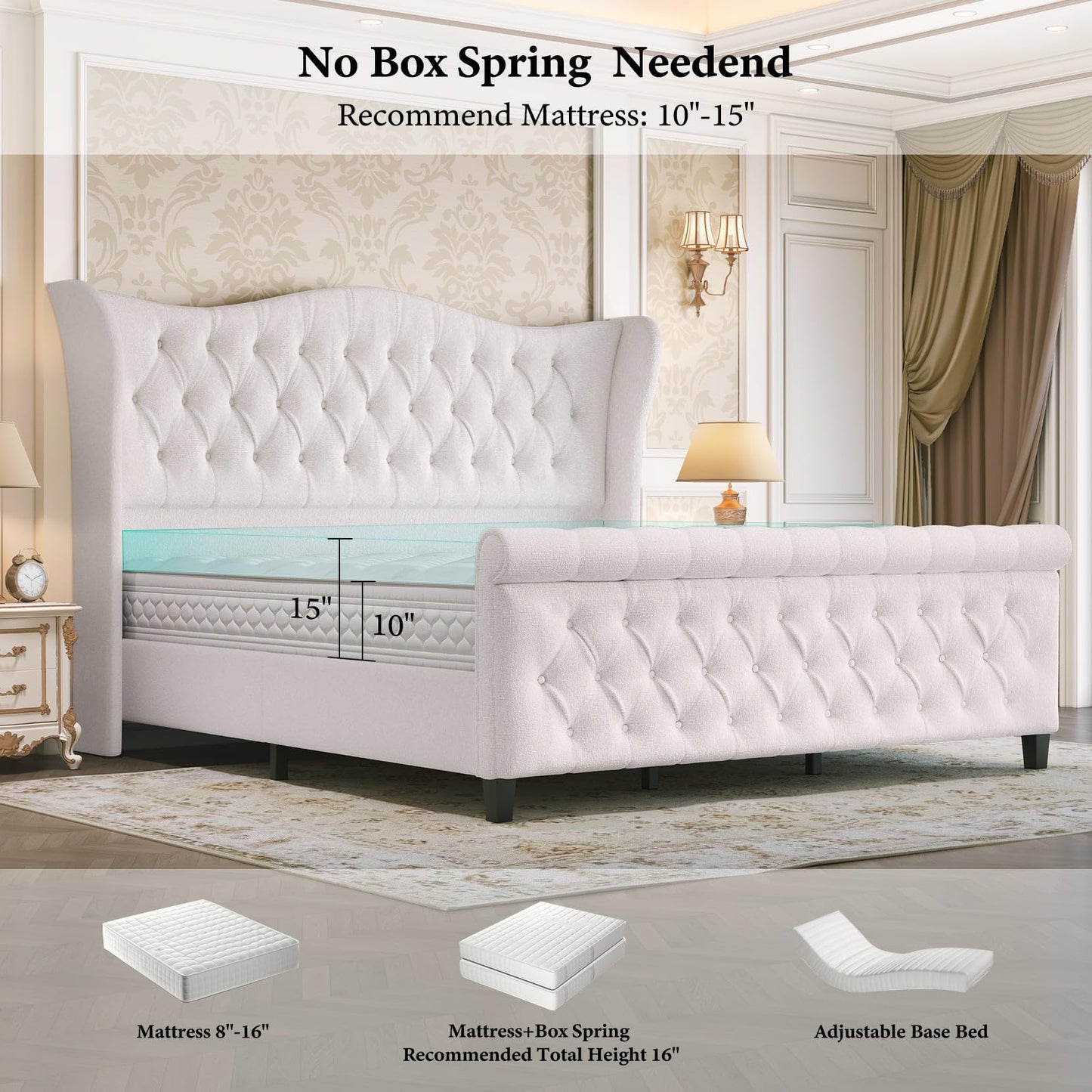 Queen Size Bed Frame Chenille Upholstered Platform Sleigh Bed with 51" Scroll Wingback Tall Headboard & Footboard/Deep Button Tufted/Easily Assemble/Wood Slats Support/No Box Spring Required/Cream