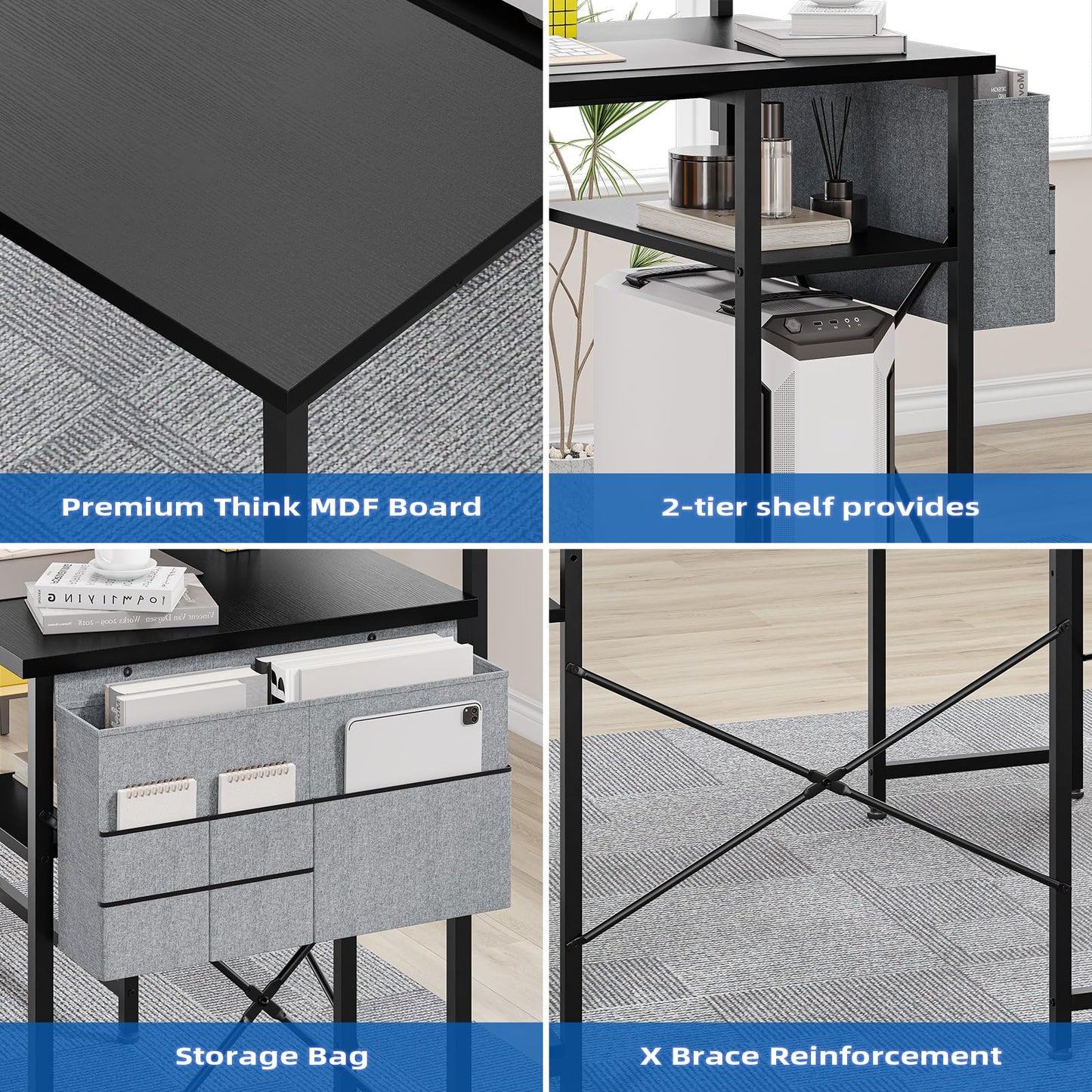 Takywep 54 inch Gaming Desk, Reversible L Shaped Desk, Corner Computer Desk with Monitor Stand, Power Outlets, LED Lights and Storage Shelves for Home Office, Bedroom, Writing Workstation (Black)