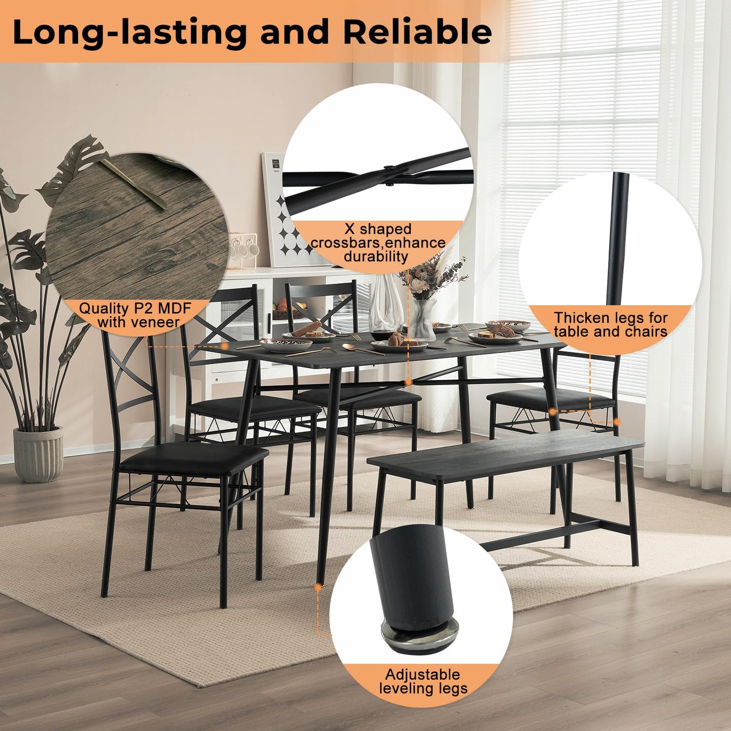 VINGLI Dining Table Set for 6,Farmhouse Rectangular Kitchen Dining Table,4 Chairs & Bench,Wooden Dinner Table Set with Upholstered Chairs for Kitchen, Dining Room, Apartment,Dark Grey,55in