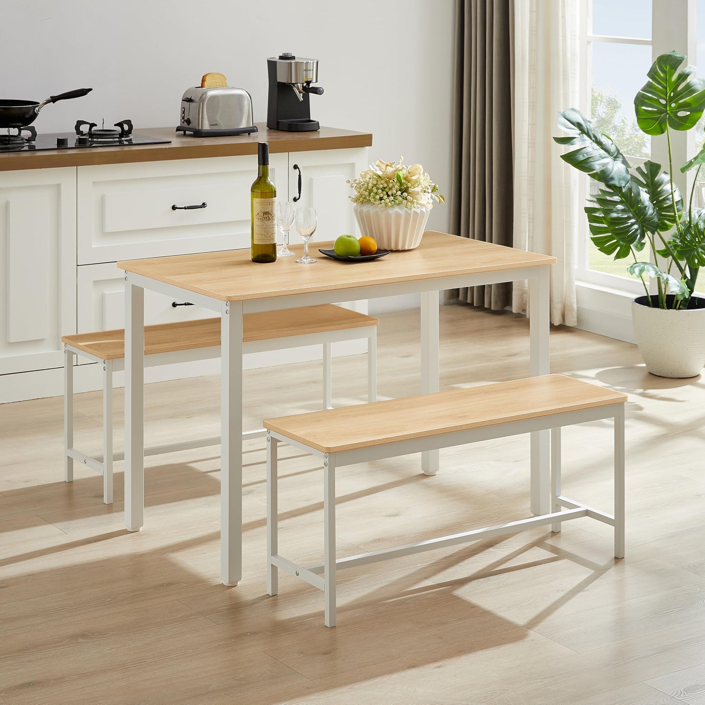 hausway Bar Table and Chairs Set for 4,3 Pieces Rectangle Bistro Table with Dining Benches,Industrial Kitchen Counter Breakfast Table Set for Restaurant,43.3″L x23.6″W x 29.9″H (White Natural)