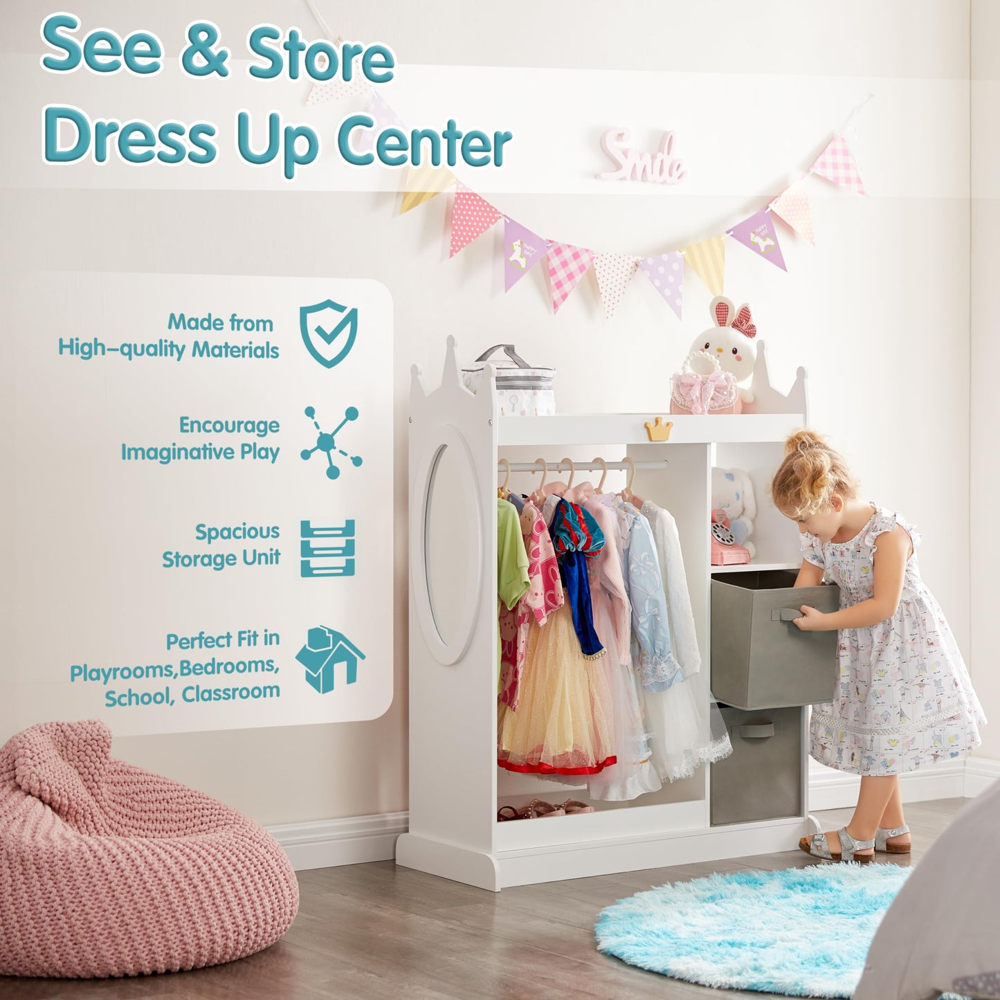GTOLV Kids Dress Up Storage Mirror w/ 2 Bins, Cloth Hanger - Kids Play Armoire Dresser Pretend Closet for Bedroom