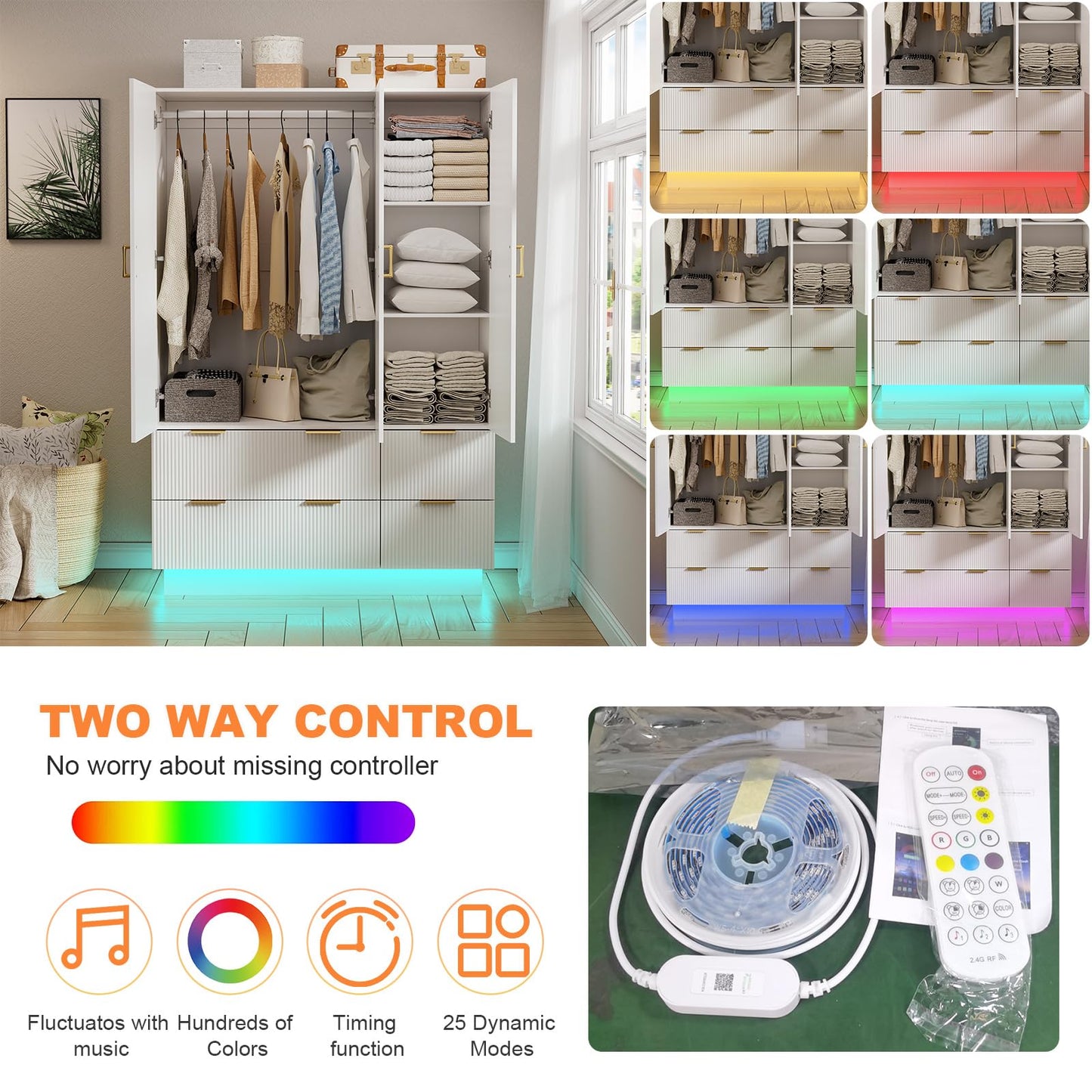 PAKASEPT Armoire Wardrobe Closet with 3 Door, Bedroom Armoires with Mirror and LED Lights, Hanging Rod, Drawers, Large Capacity Storage Wardrobe Armoire for Bedroom