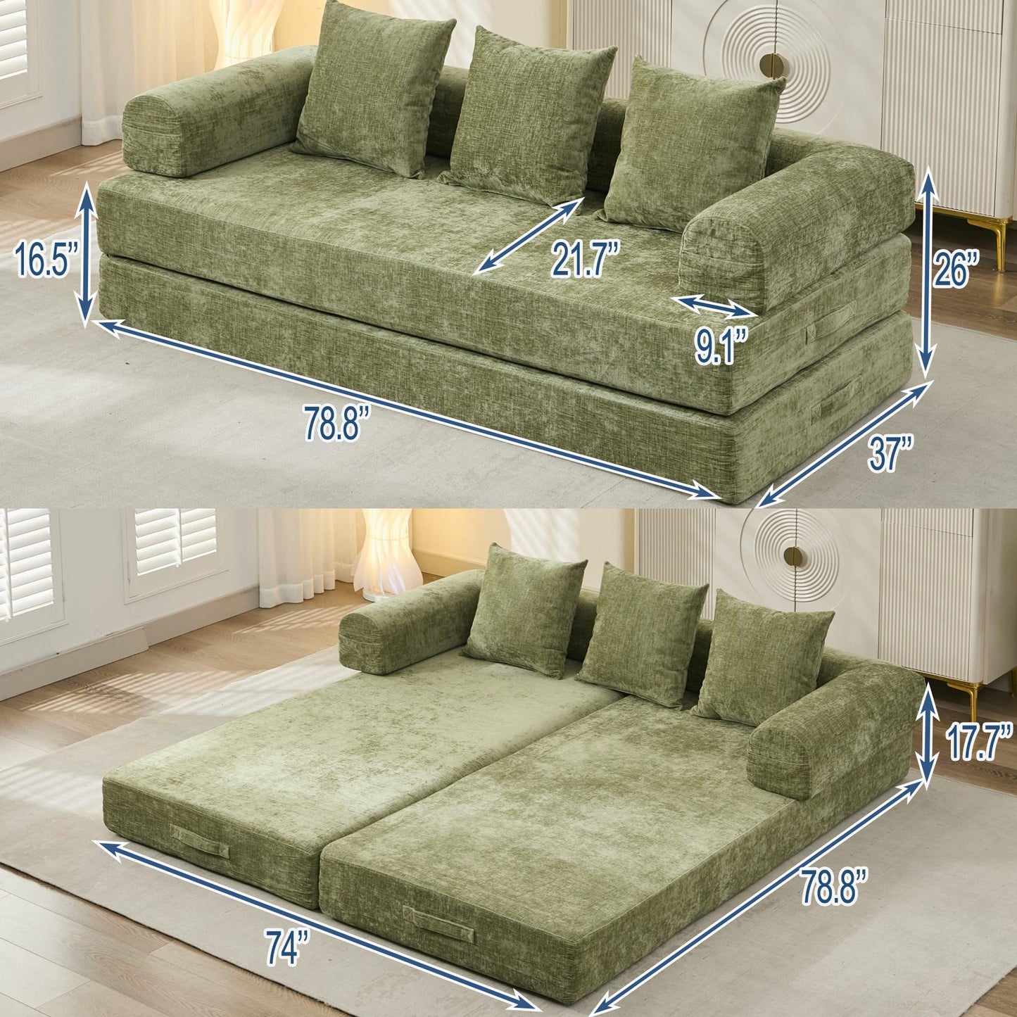 TISIMO Convertible Folding Sofa Bed Modular Floor Couch, 78.8‘’ Cloud Sleeper Sofa with Removable Backrest, Chenille Foldable Mattress Couch, Lazy Loveseat for Small Space, Apartment, Bedroom, Green