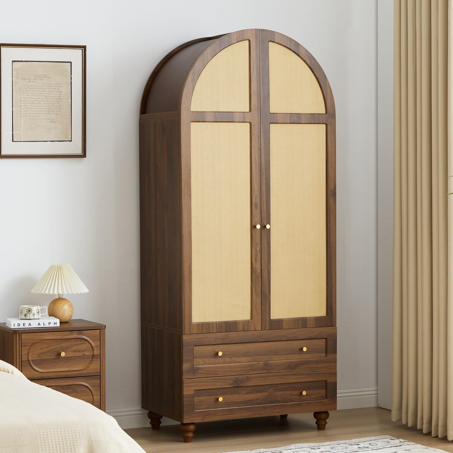 YUCHIATH Arched Armoire Wardrobe Closet with 2 Rattan Doors, Wooden Wardrobe Closet with 2 Drawers, 74.8 "H Bedroom Armoires with Hanging Rod (Walnut1)