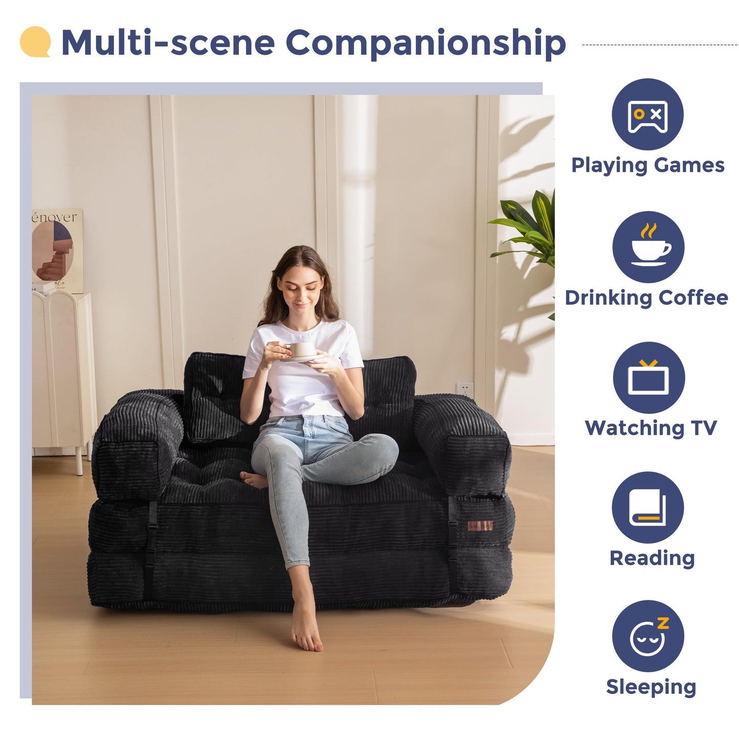 MAXYOYO Folding Sofa Bed, L-Shaped Convertible Sofa Bed with Armrest Foldable Sleeper Couch with Pillow, Portable Fold Out Chair Comfy Floor Couch Lounge for Living Room Bedroom, Black, Double